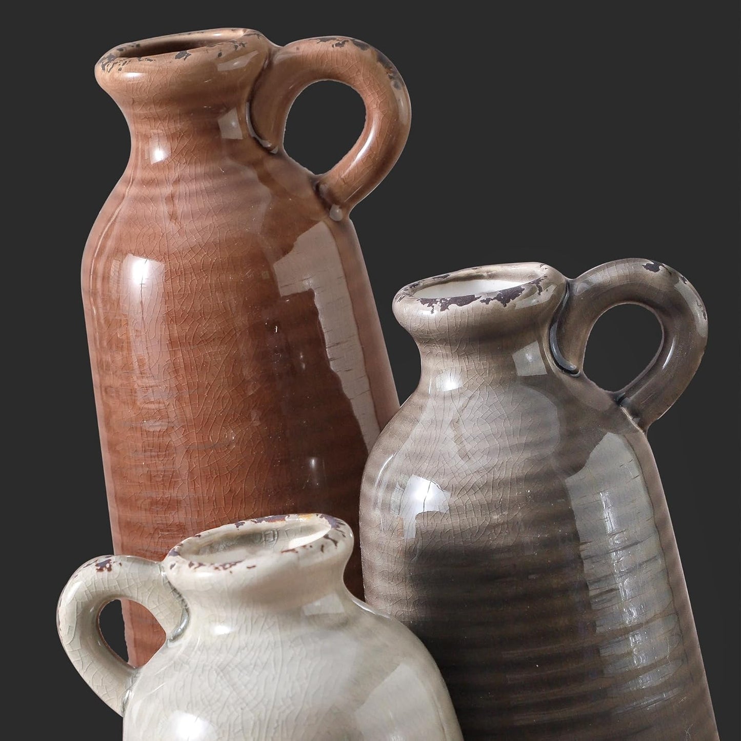 Ceramic Vases / Neutral Rustic Farmhouse Vase / 010 Vase Set with Handle - Brown / Set of 3