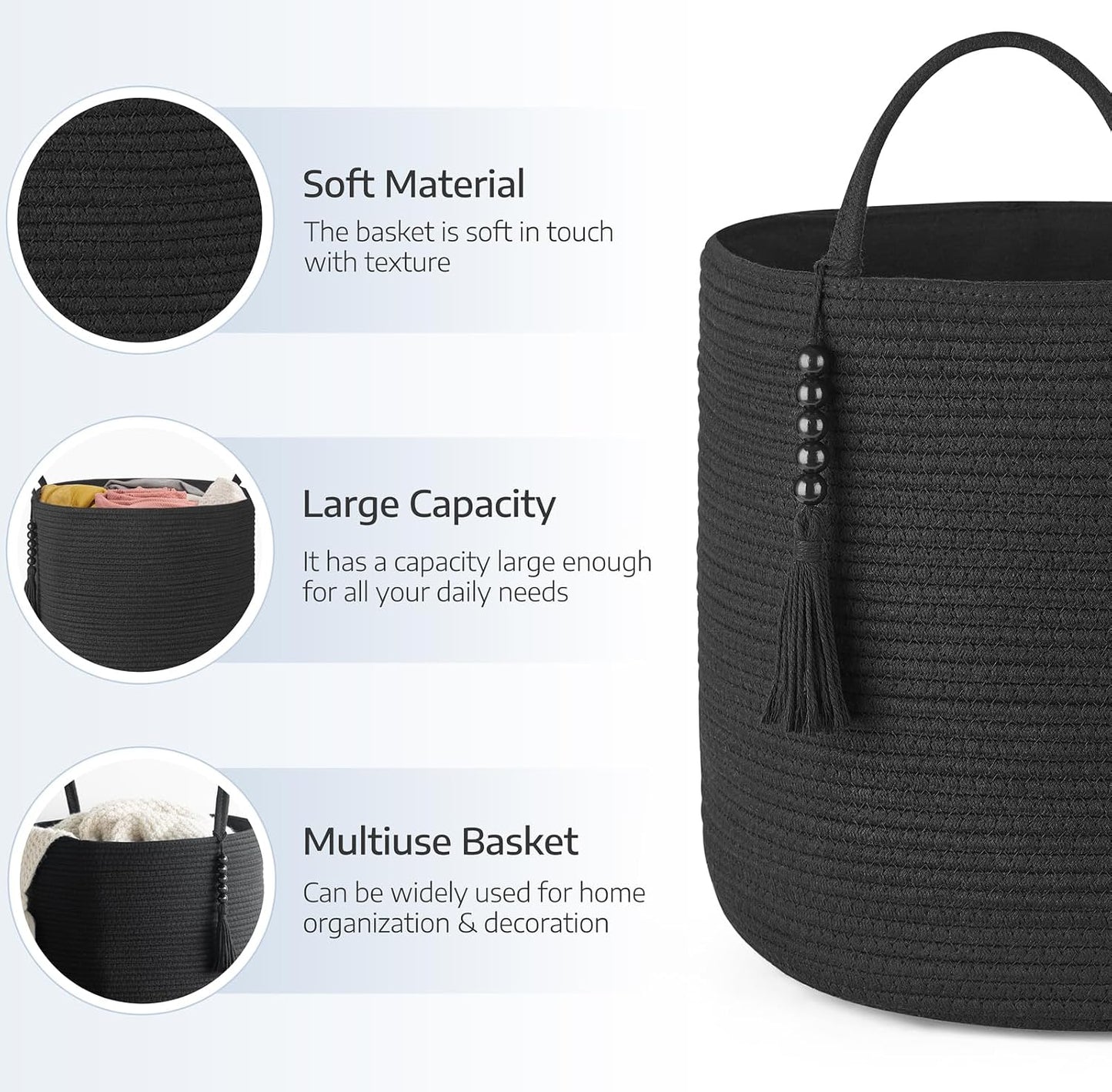 Woven Storage Basket Decorative Natural Rope Basket Wooden Bead Decoration / Black / 16" W x 13.8"L