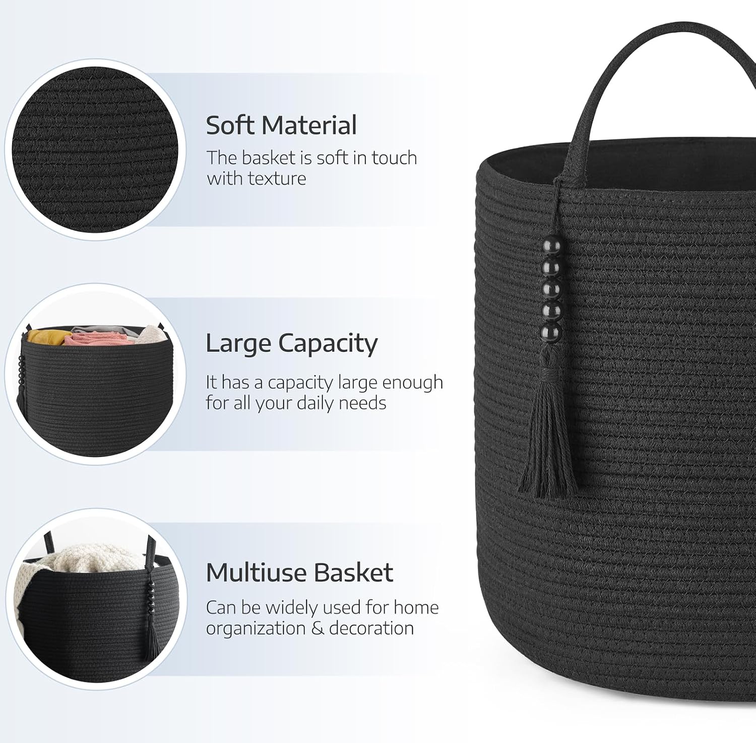 Woven Storage Basket Decorative Natural Rope Basket Wooden Bead Decoration / Black / 16" W x 13.8"L