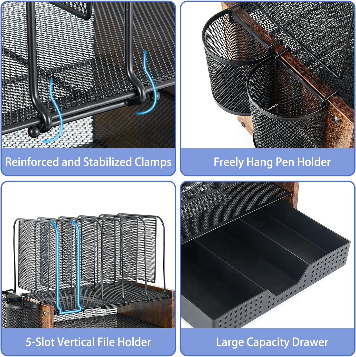AUPSEN Desk Organizer with 5 Vertical File Holders, Storage Drawer & 2 Pen Holders, 5 Trays Paper Letter Tray
