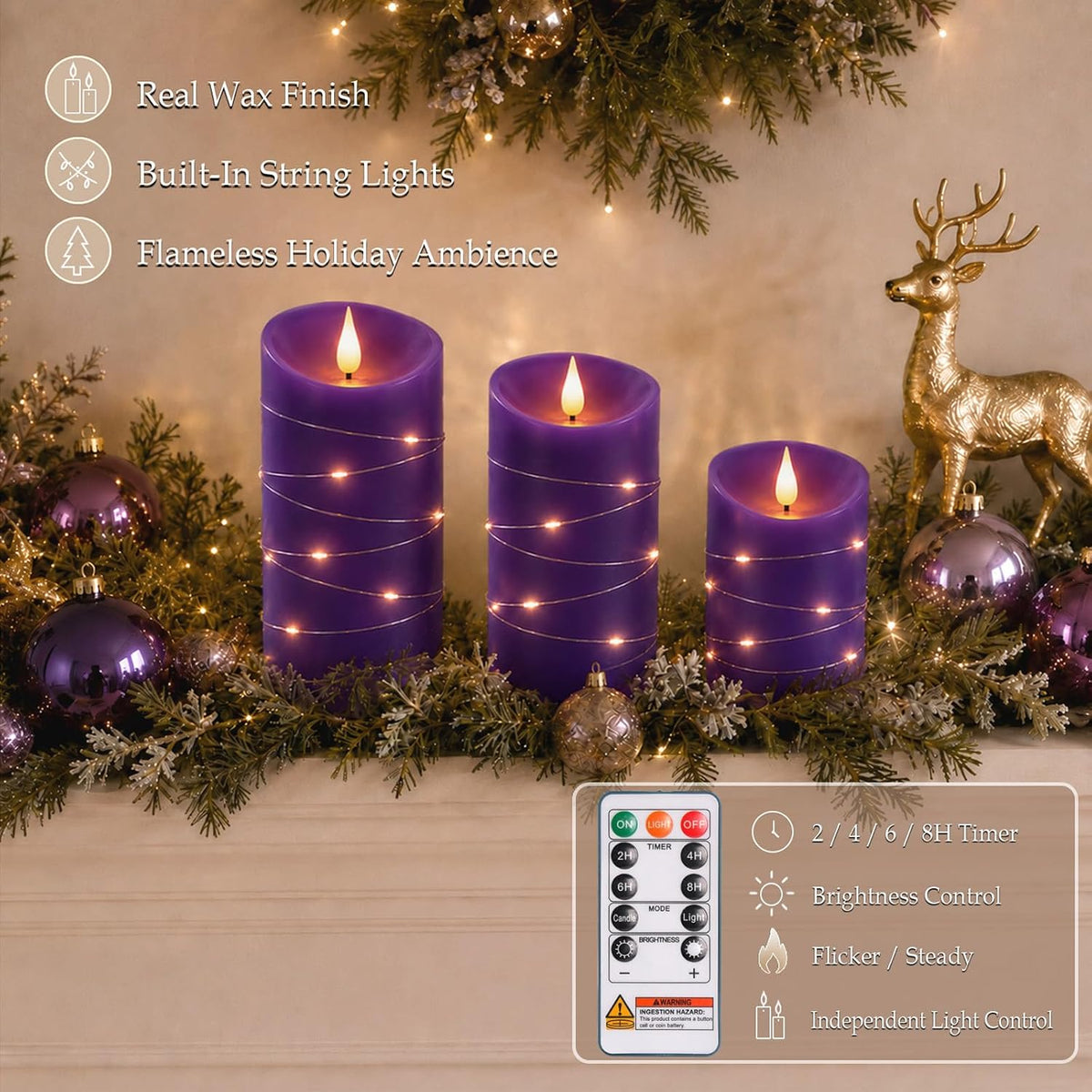 Homemory Purple Flameless Candles with String Lights, Remote Timer, 3 Pack | Flameless candles with string lights, real
