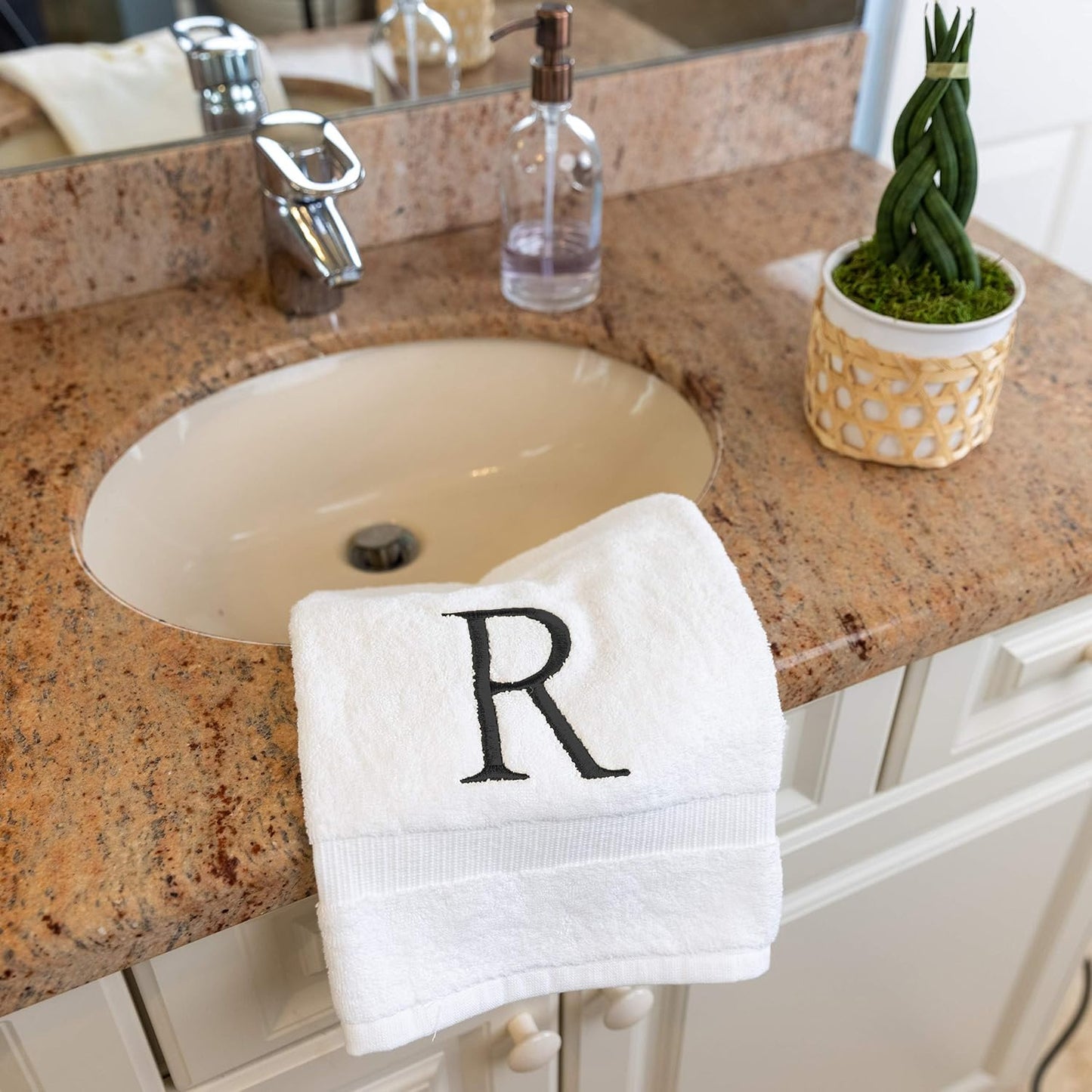 White with Dark Gray Monogrammed Hand Towels for Bathroom Set of 2 Letter R | Luxury Hotel Quality Initial Towels For