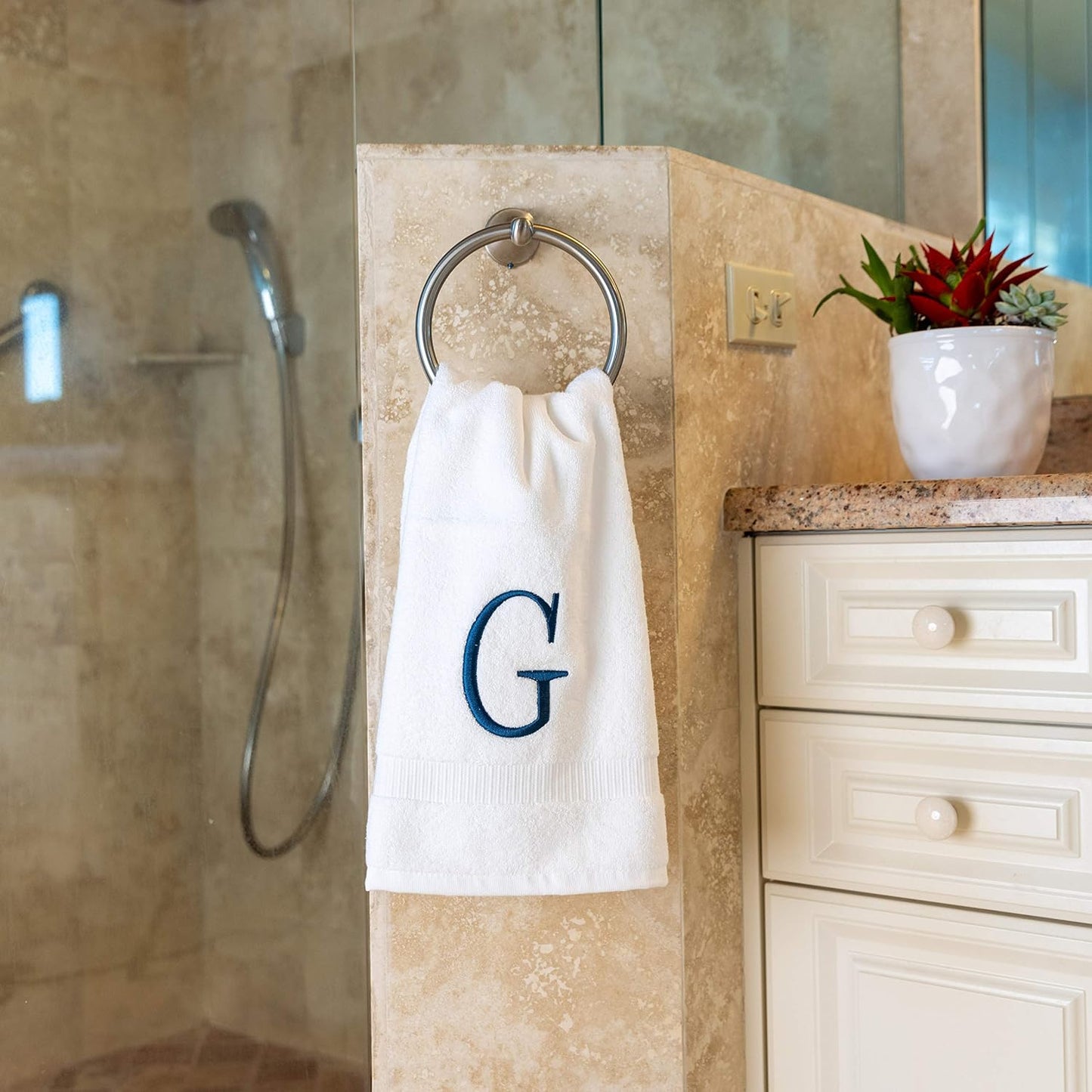White with Navy Monogrammed Hand Towels for Bathroom - Set of 2 Letter G | Luxury Hotel Quality Initial Towels For