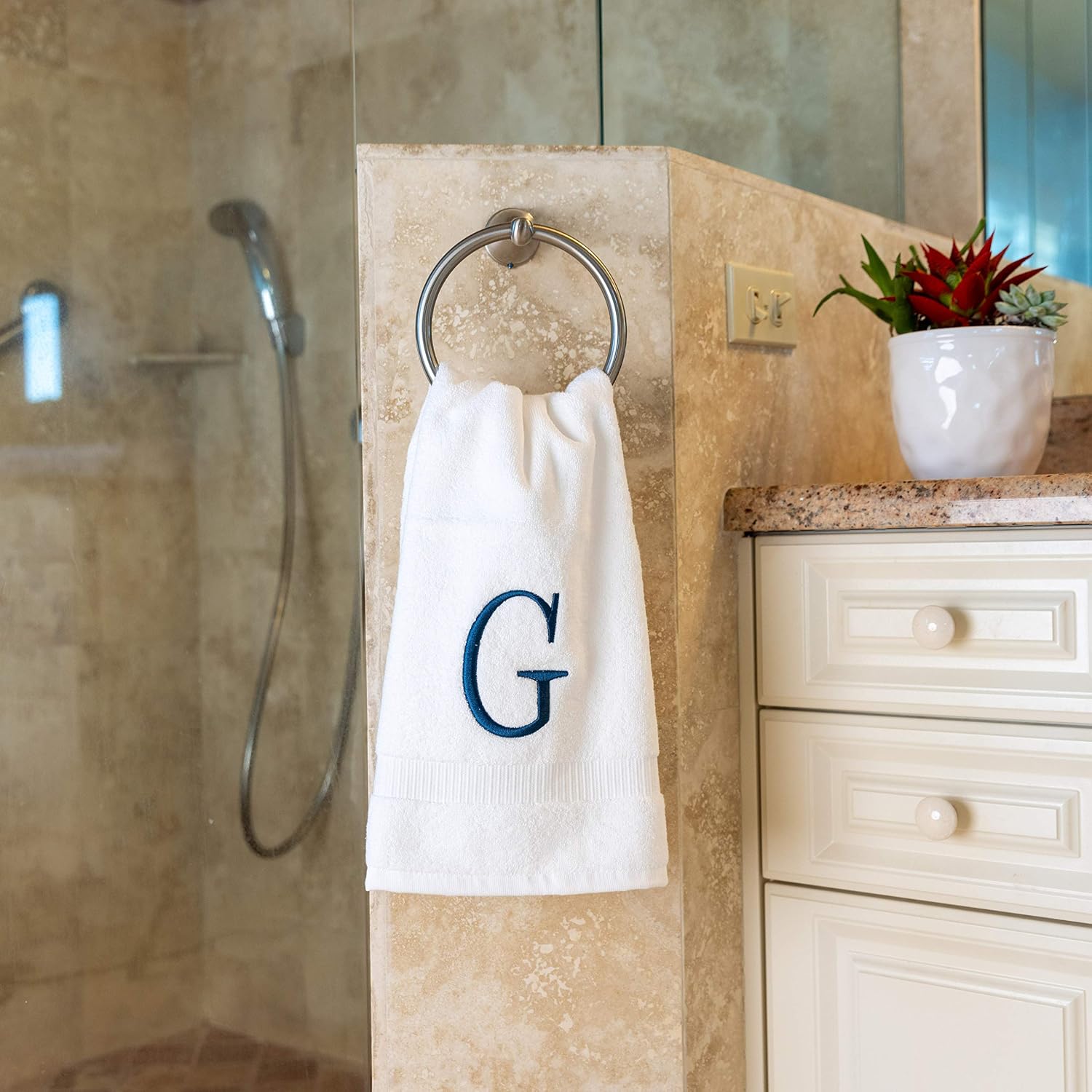 White with Navy Monogrammed Hand Towels for Bathroom - Set of 2 Letter G | Luxury Hotel Quality Initial Towels For