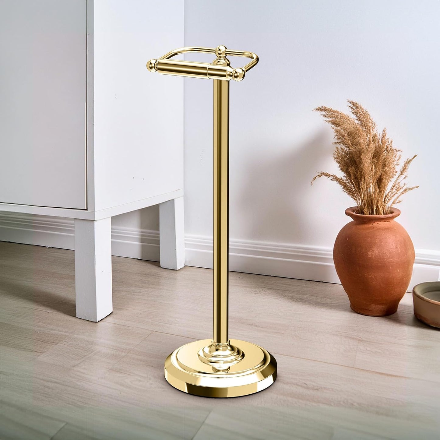 Home Accents Toilet Paper Holder Stand, Brass Finish, Freestanding Bathroom Floor Stand, Weighted Base, 22 Inch