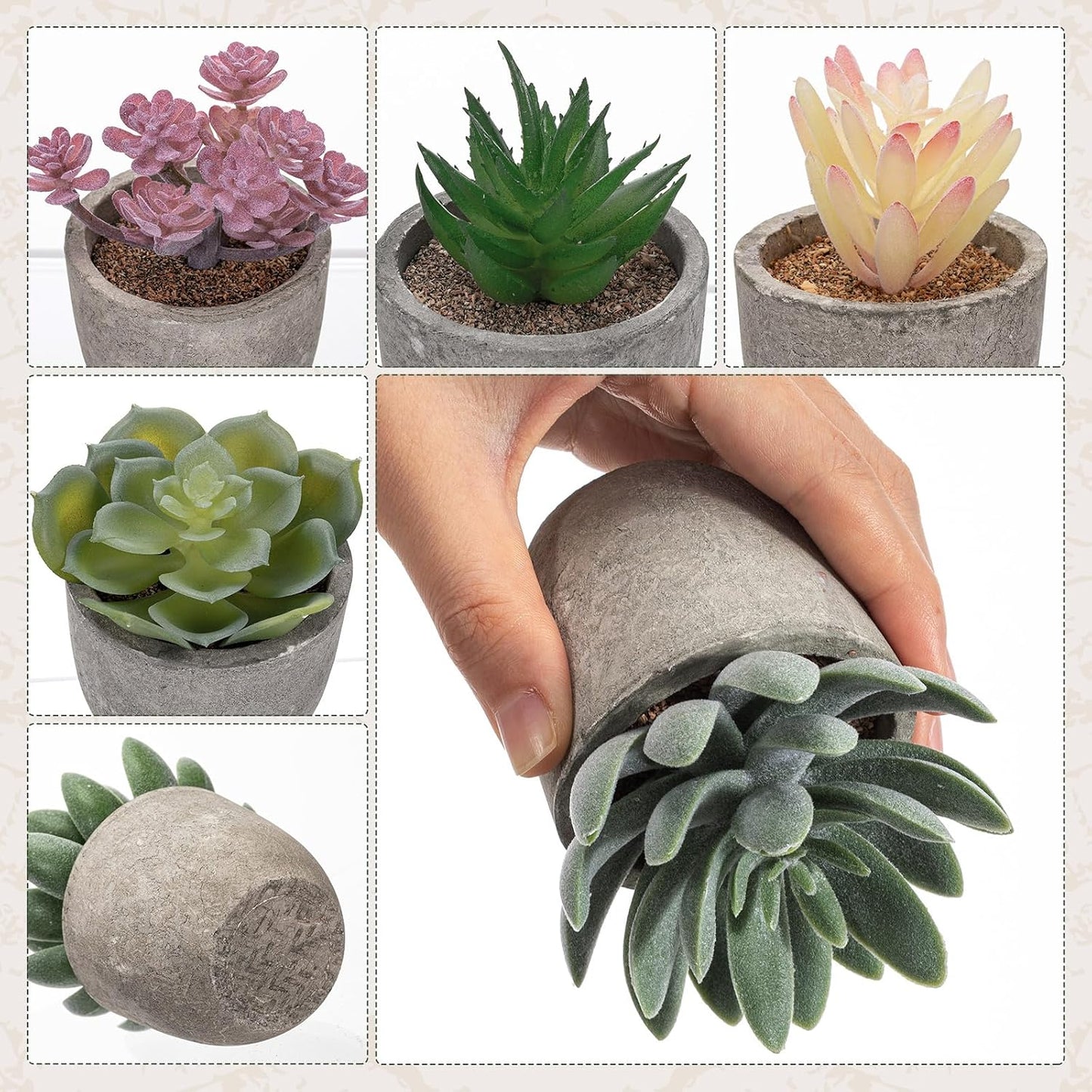 Realistic Mini Fake Cactus Plants in Paper Pulp Pots / Classic Style / Set of 6