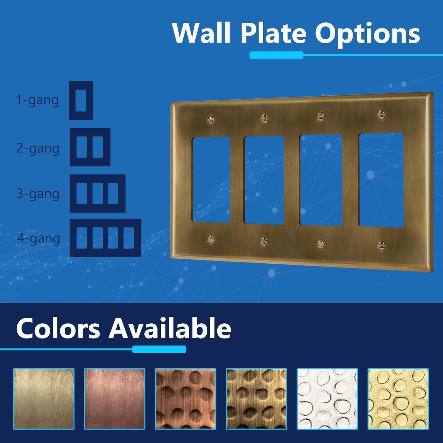 LIDER Decorator Switch or Receptacle Metal Wall Plate, Mid-Size 4-Gang | Corrosion Resistant, Outlet Cover, Plated