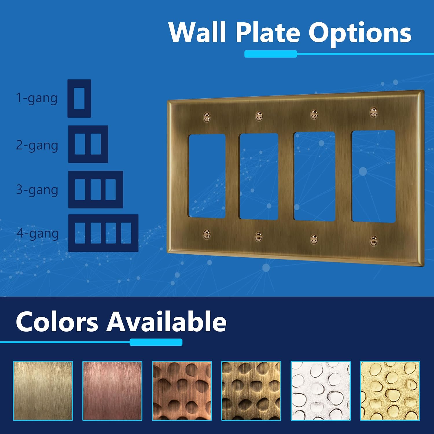 LIDER Decorator Switch or Receptacle Metal Wall Plate, Mid-Size 4-Gang | Corrosion Resistant, Outlet Cover, Plated