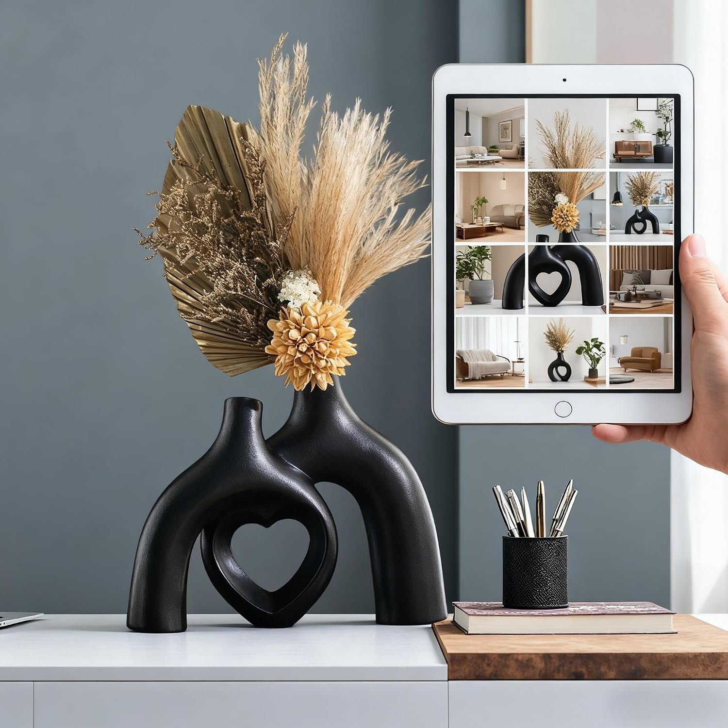 Hug Snuggle Hollow Donut Ceramic Vases / Matte Black / 9 Inch