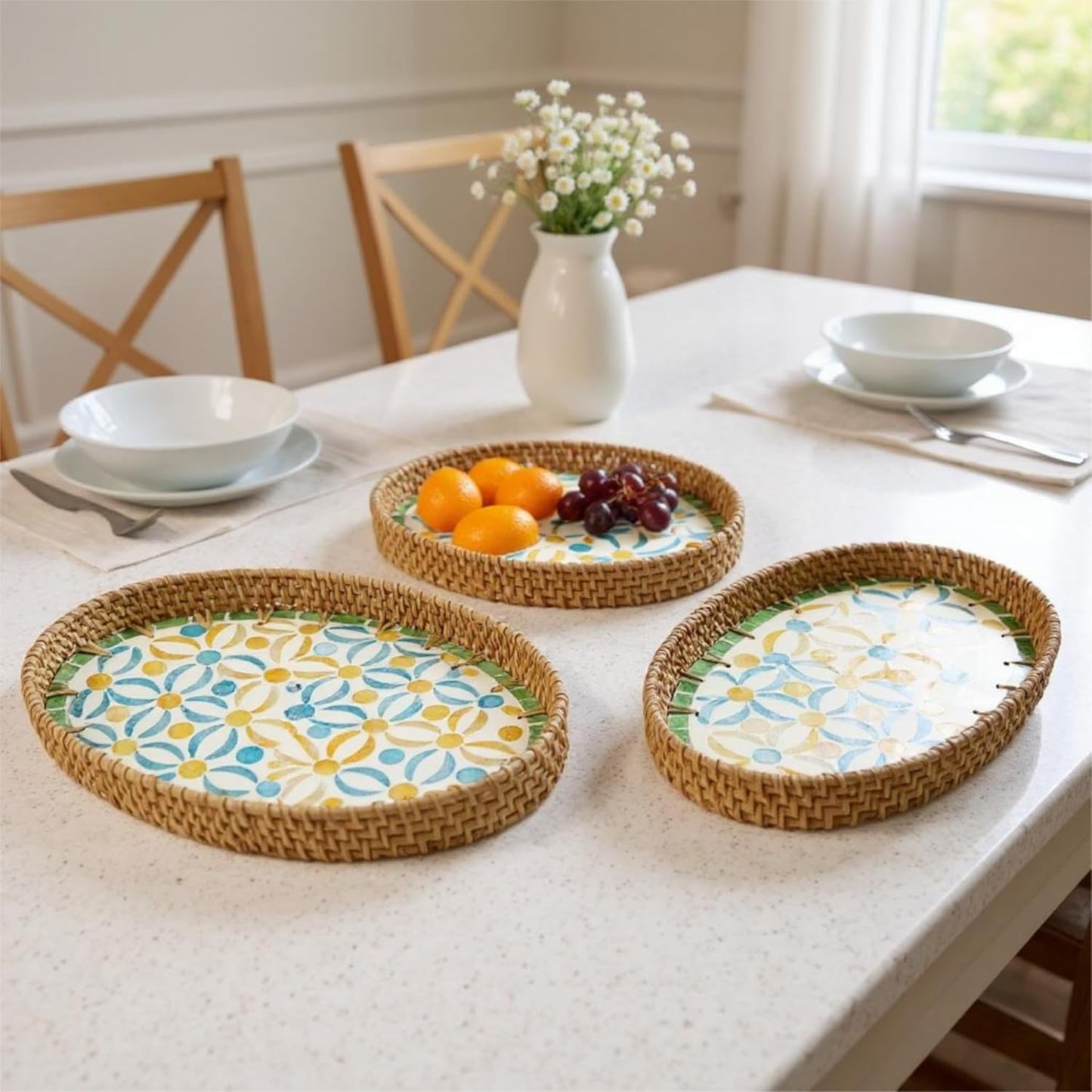 3 Sizes Wicker Woven Coffee Table Tray / Blue Orange Poppy