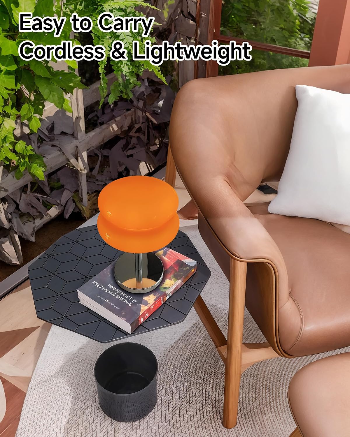 Cordless Orange Mushroom Lamp, Mid Century Modern Glass Lamp 6000mAh Rechargeable Small Table Lamps, Cute Cool Desk