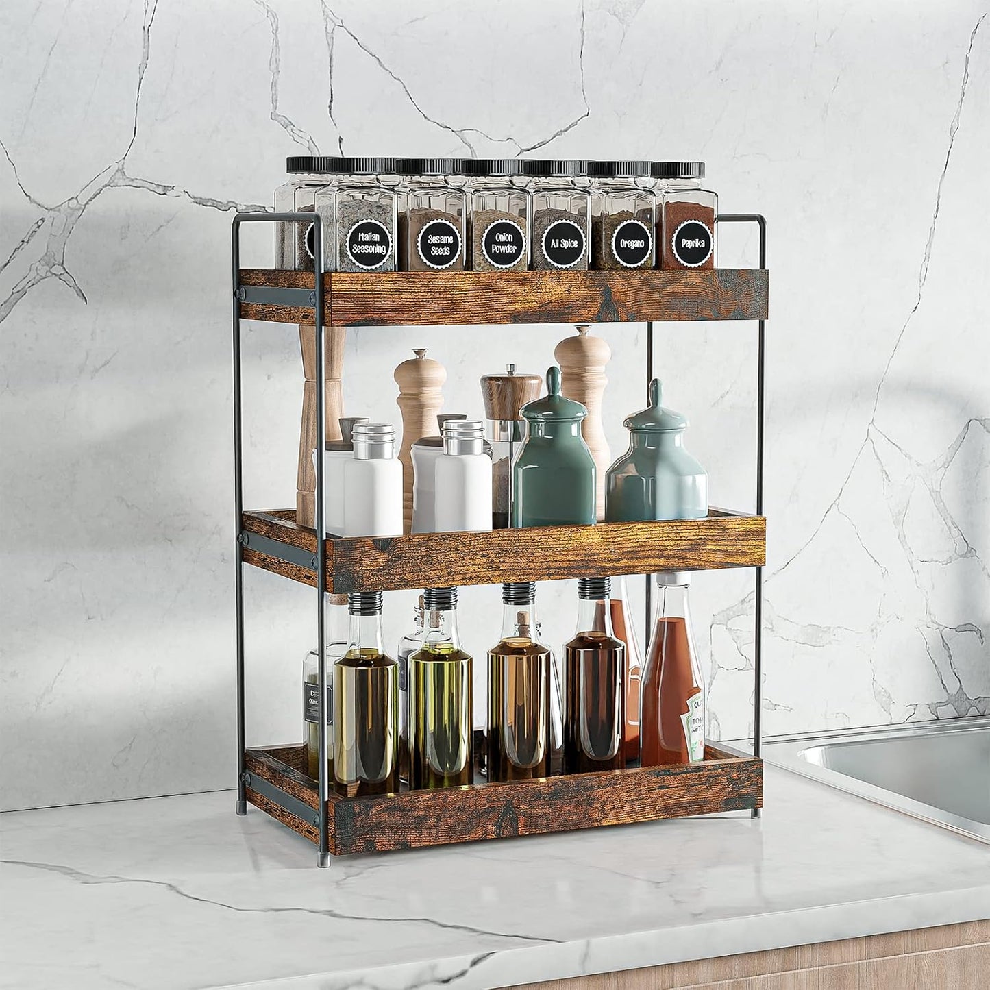 3-Tier Wood Bathroom Counter Organizer, Kitchen Spice Rack | Multi-use Vanity Shelf, Holds Skincare, Makeup, Perfume