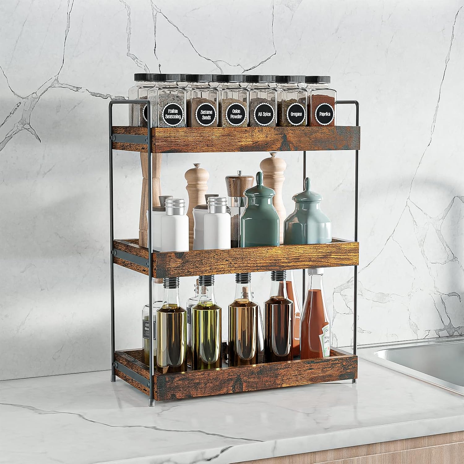 3-Tier Wood Bathroom Counter Organizer, Kitchen Spice Rack | Multi-use Vanity Shelf, Holds Skincare, Makeup, Perfume