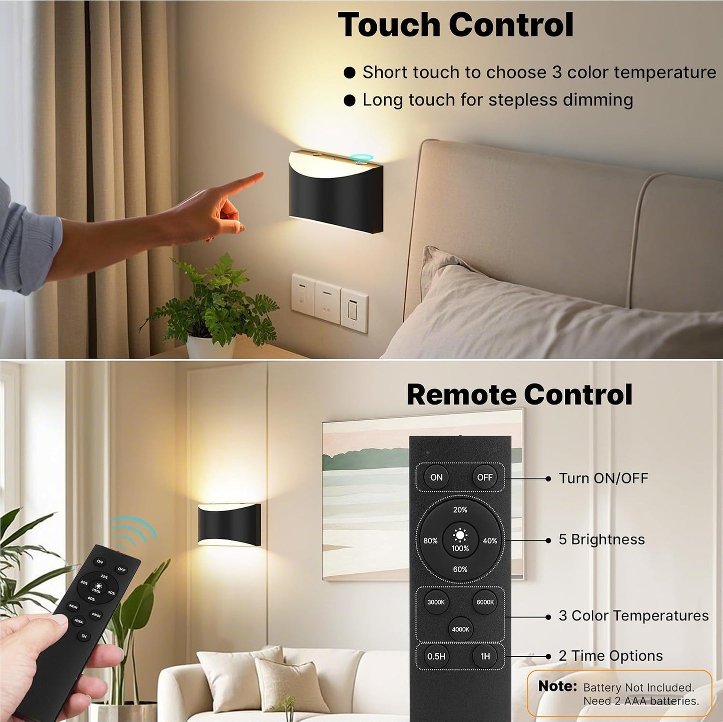 Battery Operated Wall Sconces Set of 2 Rechargeable Wireless Black | 8000mAh Remote & Touch Control Wall Lamps 3 Color