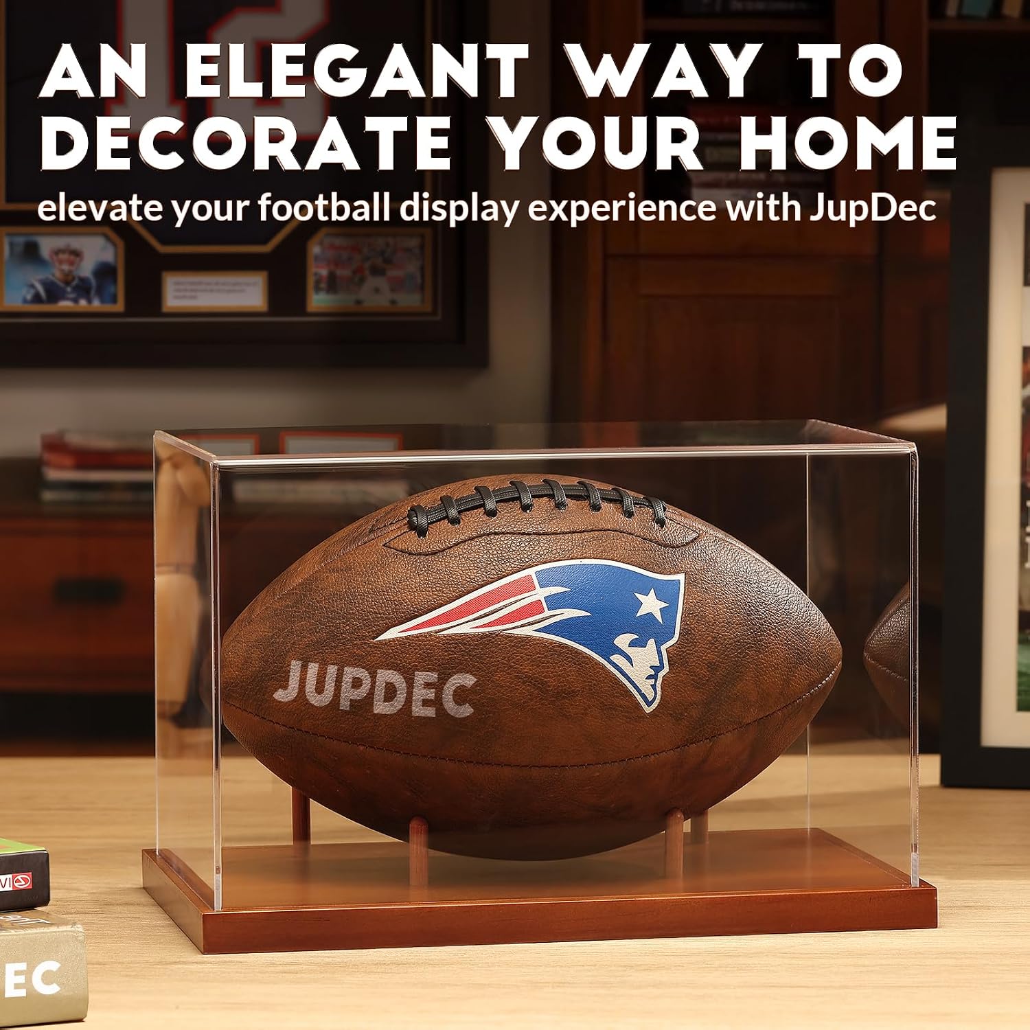 Football Display Case Full Size, Acrylic Clear Box with Wood Stand, UV Protected Memorabilia Holder, for Football Fans