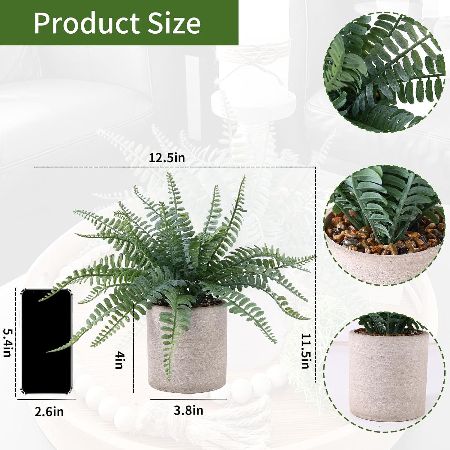 Fake Fern Small Fake Plant Fern Artificial Plants in Pot Realistic Faux Ferns Indoor / Sage Green
