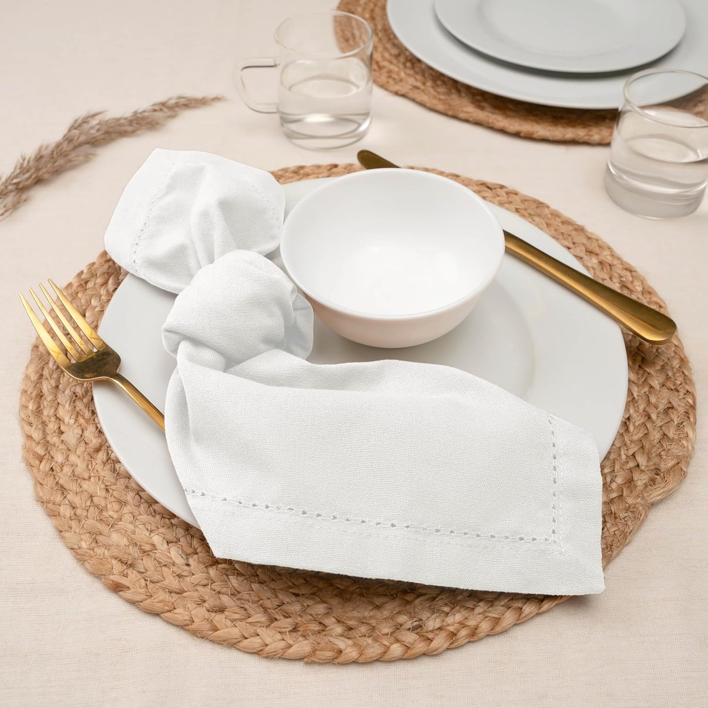 Blue Needles Set of 12 Hemstitch Linen Napkins 100% Cotton White Cloth Dinner Napkins 18x18 inches, Soft, Reusable