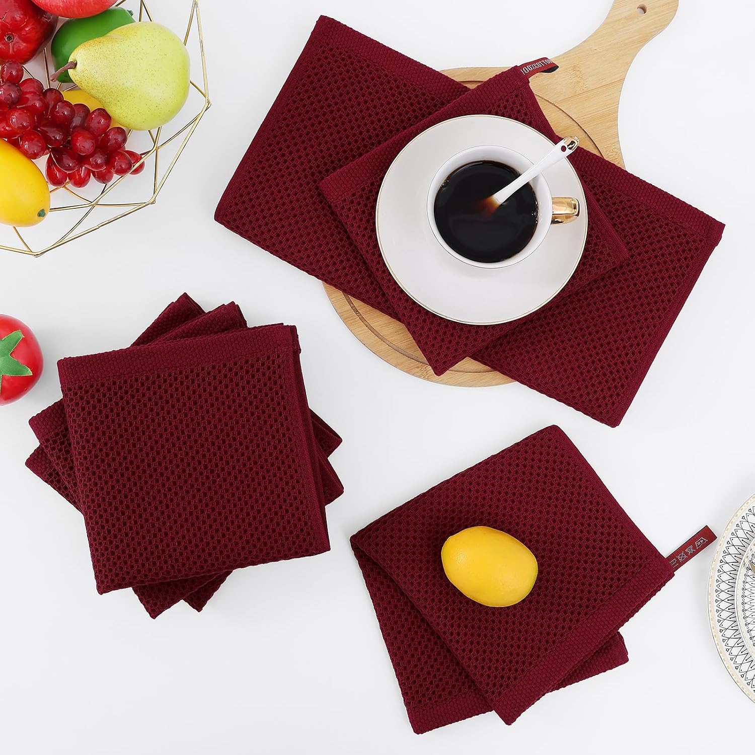 Homaxy 100% Cotton Waffle Weave Kitchen Dish Cloths 12-Pack, Burgundy | 12 x 12 Inches, Ultra Soft Absorbent Dish