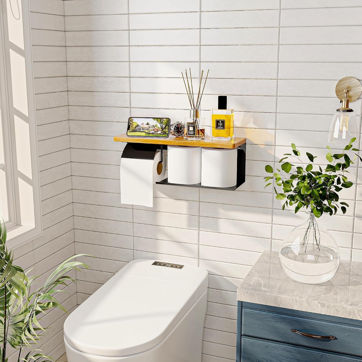 Double Toilet Paper Holder with Solid Wood Shelf, Wall Mounted Matte Black | 16" x 5.31" Toilet Paper Rolls with
