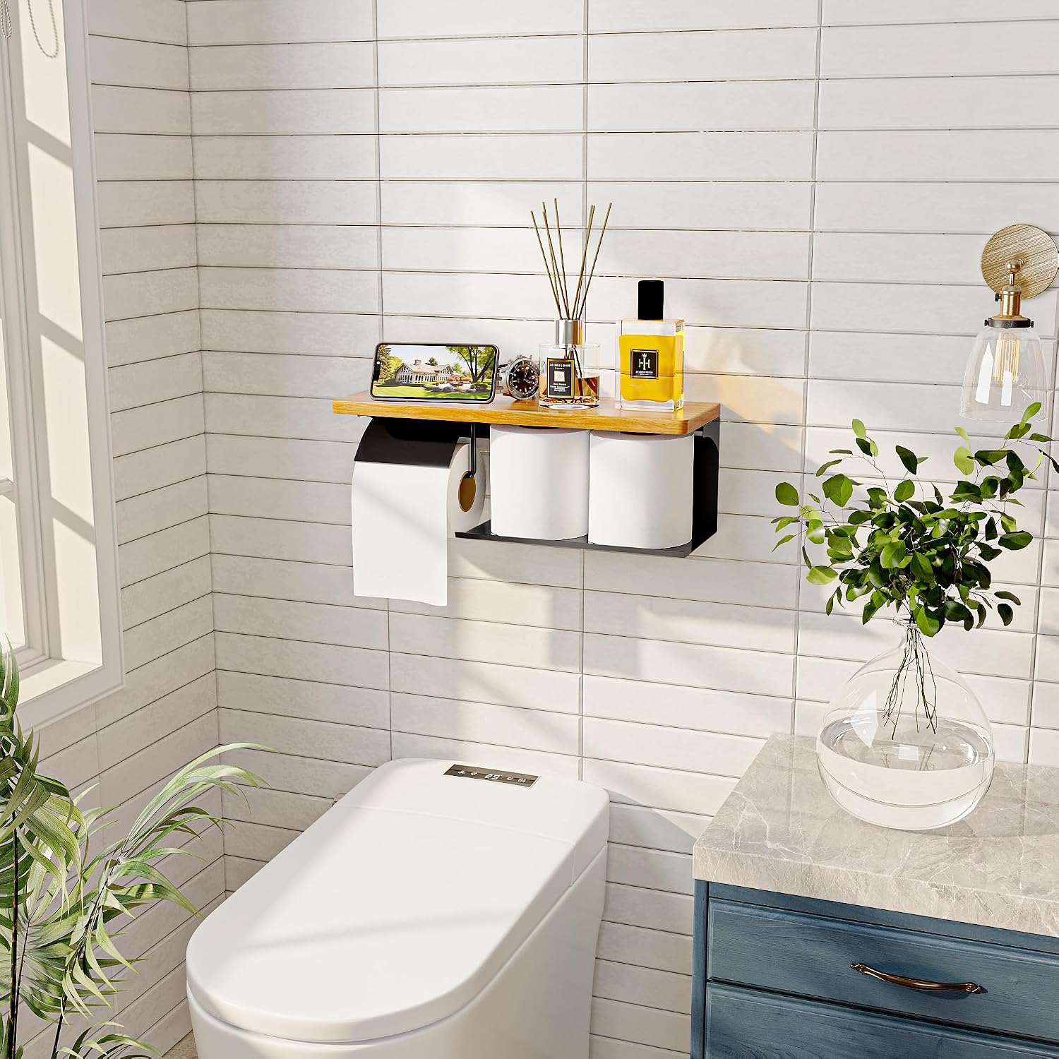 Double Toilet Paper Holder with Solid Wood Shelf, Wall Mounted Matte Black | 16" x 5.31" Toilet Paper Rolls with