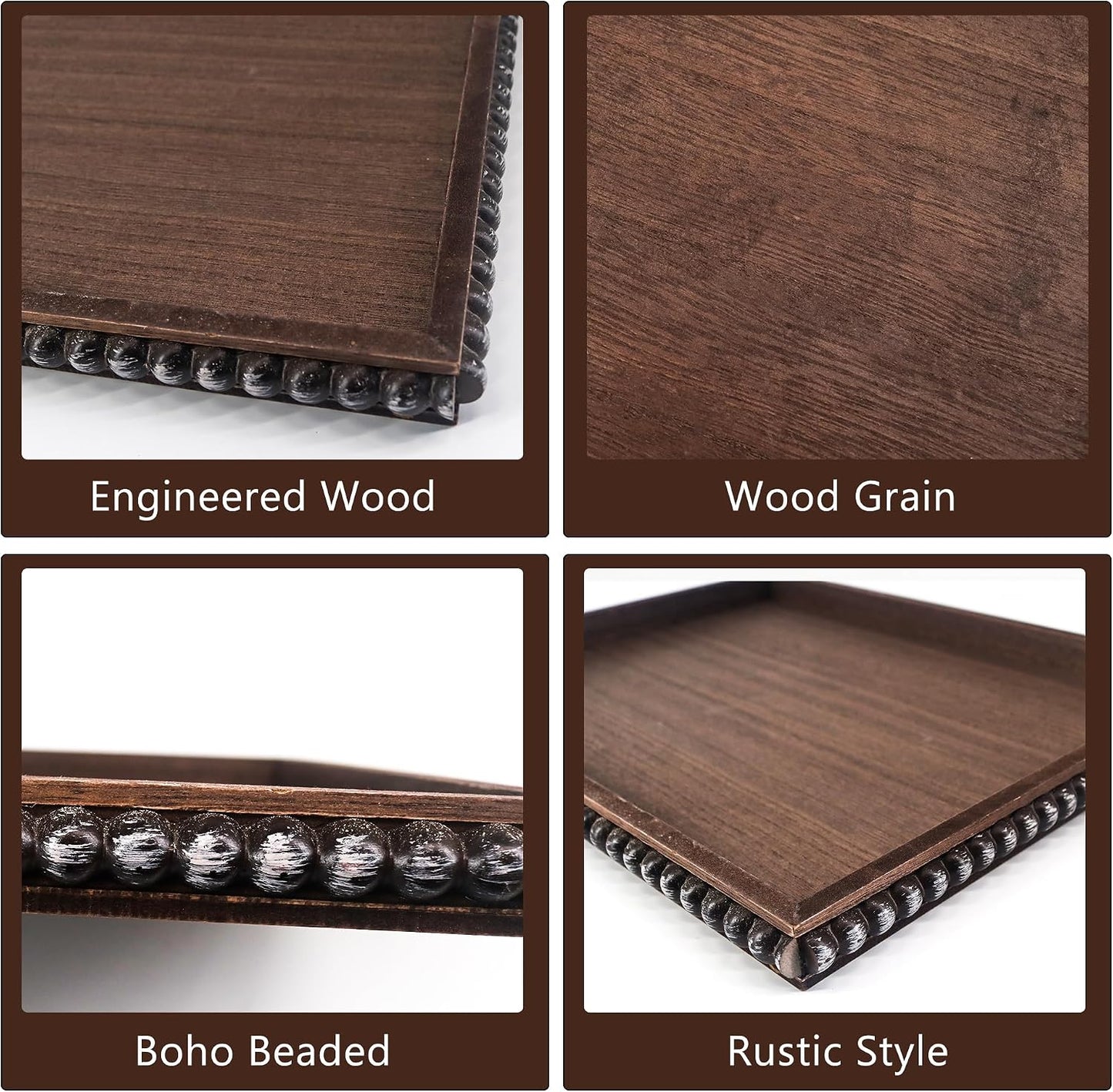 Decorative Tray Rectangular Wood Beaded / Brown / 16 x 12 x 1