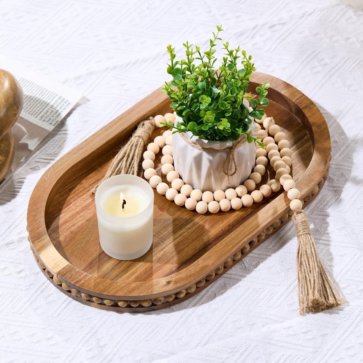 Bead Oval Wooden Serving Tray for Farmhouse Home Decor / Acacia Wood