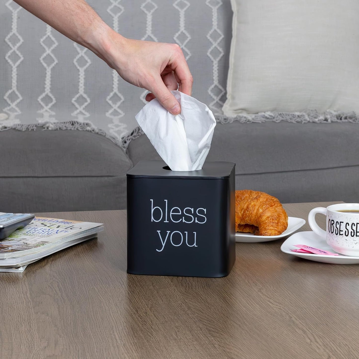 Modern Farmhouse Enamelware Tissue Holder / Black with "bless You