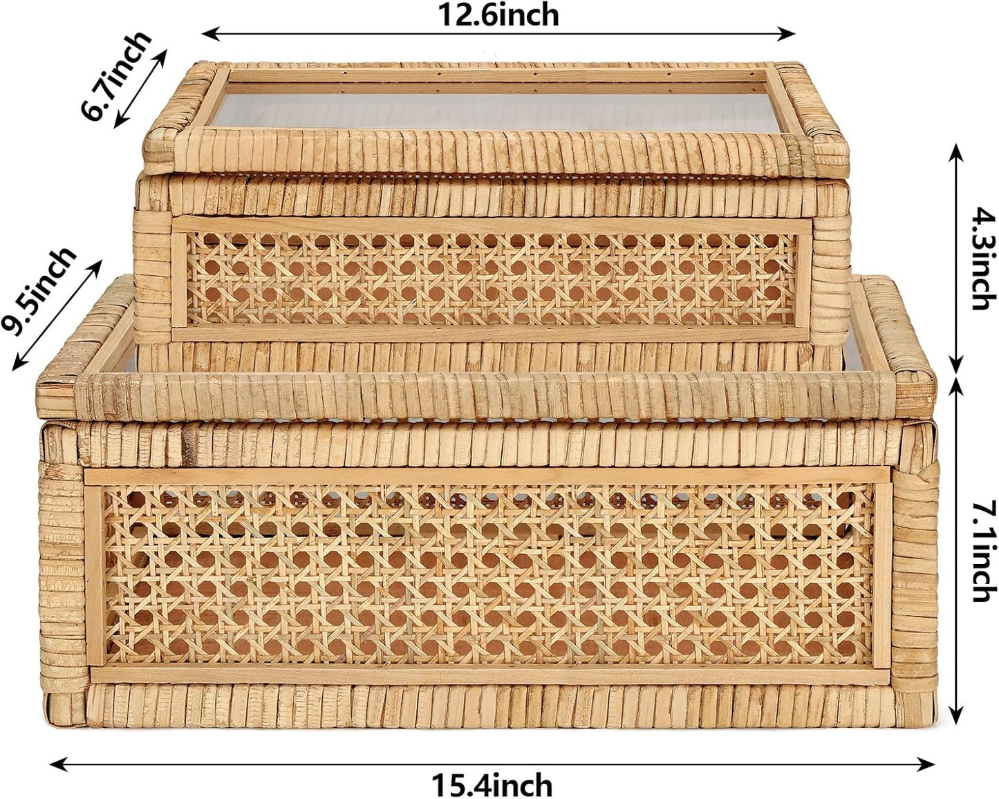 Glass Lids Decorative Woven Cane Boxes Multipurpose Square Basket / Set of 2