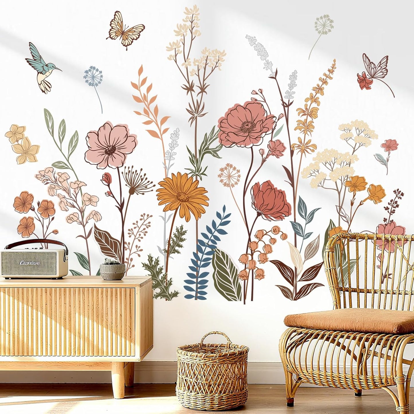 Boho Flower Wall Stickers Wildflower Floral Grass Plants Peel and Stick Wall Art Decals for Baby