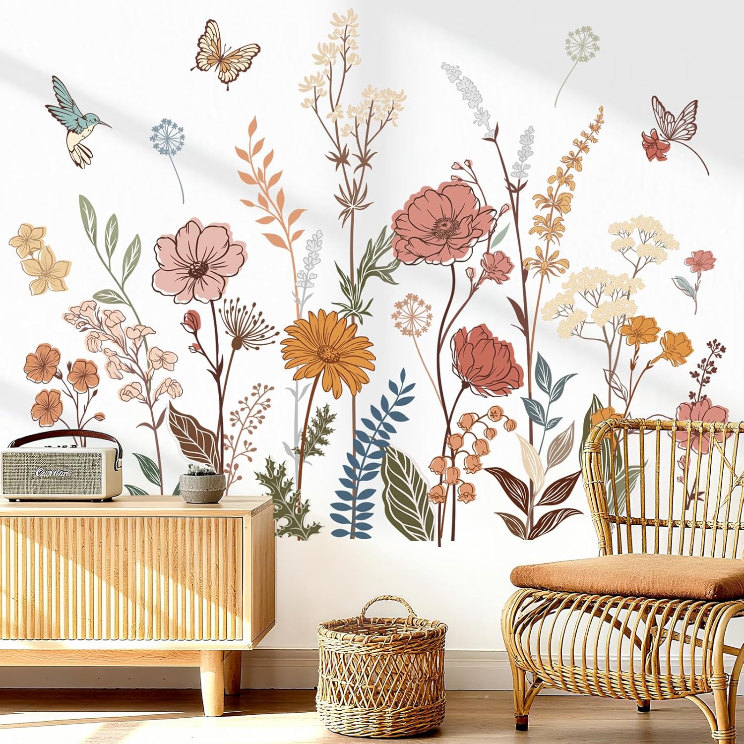 Boho Flower Wall Stickers Wildflower Floral Grass Plants Peel and Stick Wall Art Decals for Baby