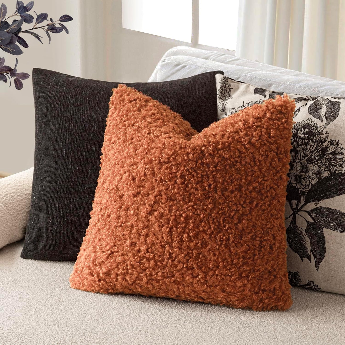 Faux Fur Throw Pillow Cover Accent Sherpa Furry Pillow Cover / 18 x 18 / Burnt Orange / Set of 2