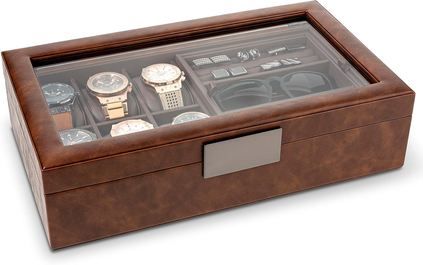 Glenor Co Valet Jewelry Box for Men - Holds 6 Watches, 12 cufflinks, 2 Sunglasses & Tray Storage - Mens Watch Case
