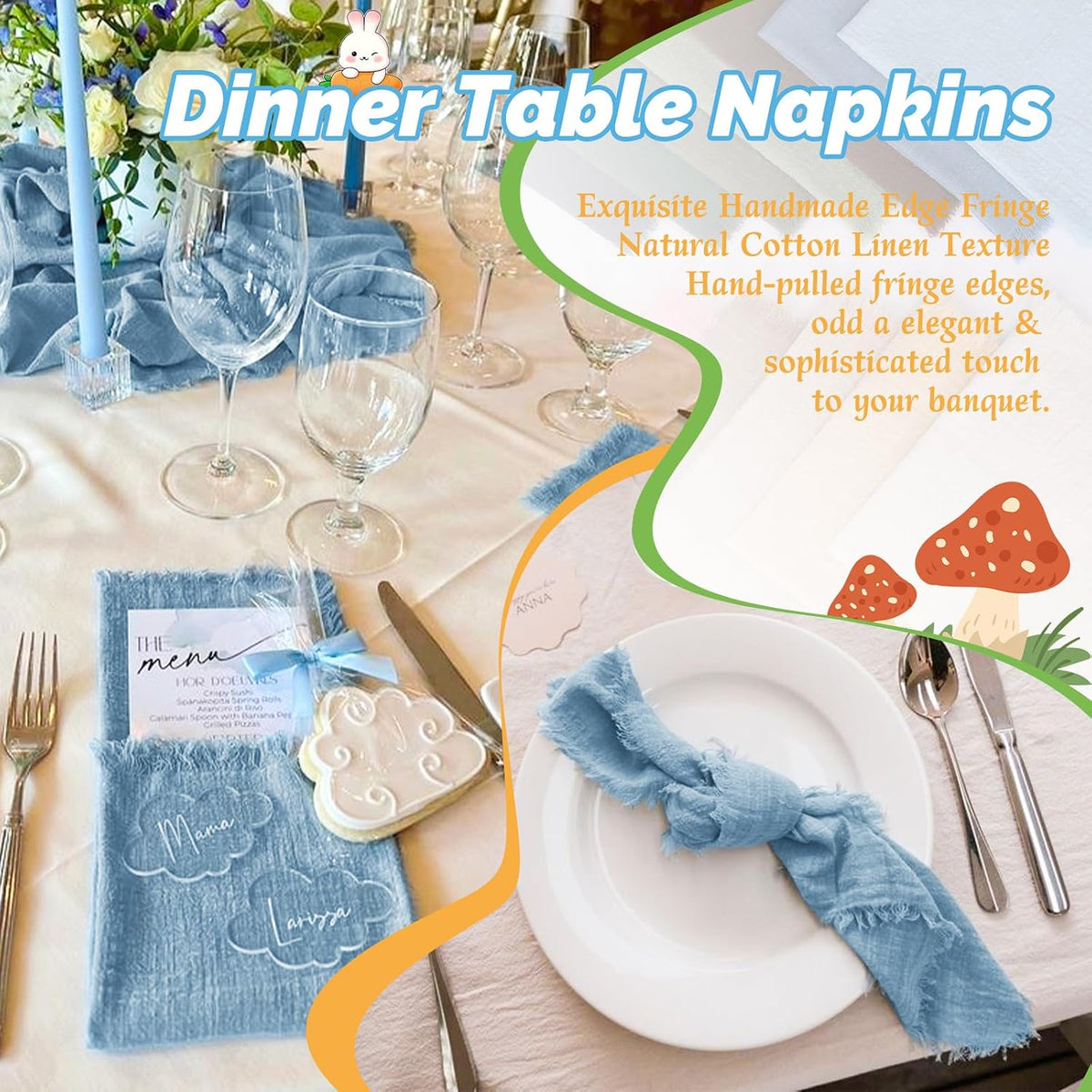 Showgeous 30 Pack Dusty Blue Cloth Napkins with Fringe, 16x16 inch | 100% Cotton Blue Napkins Handmade Dinner Napkins