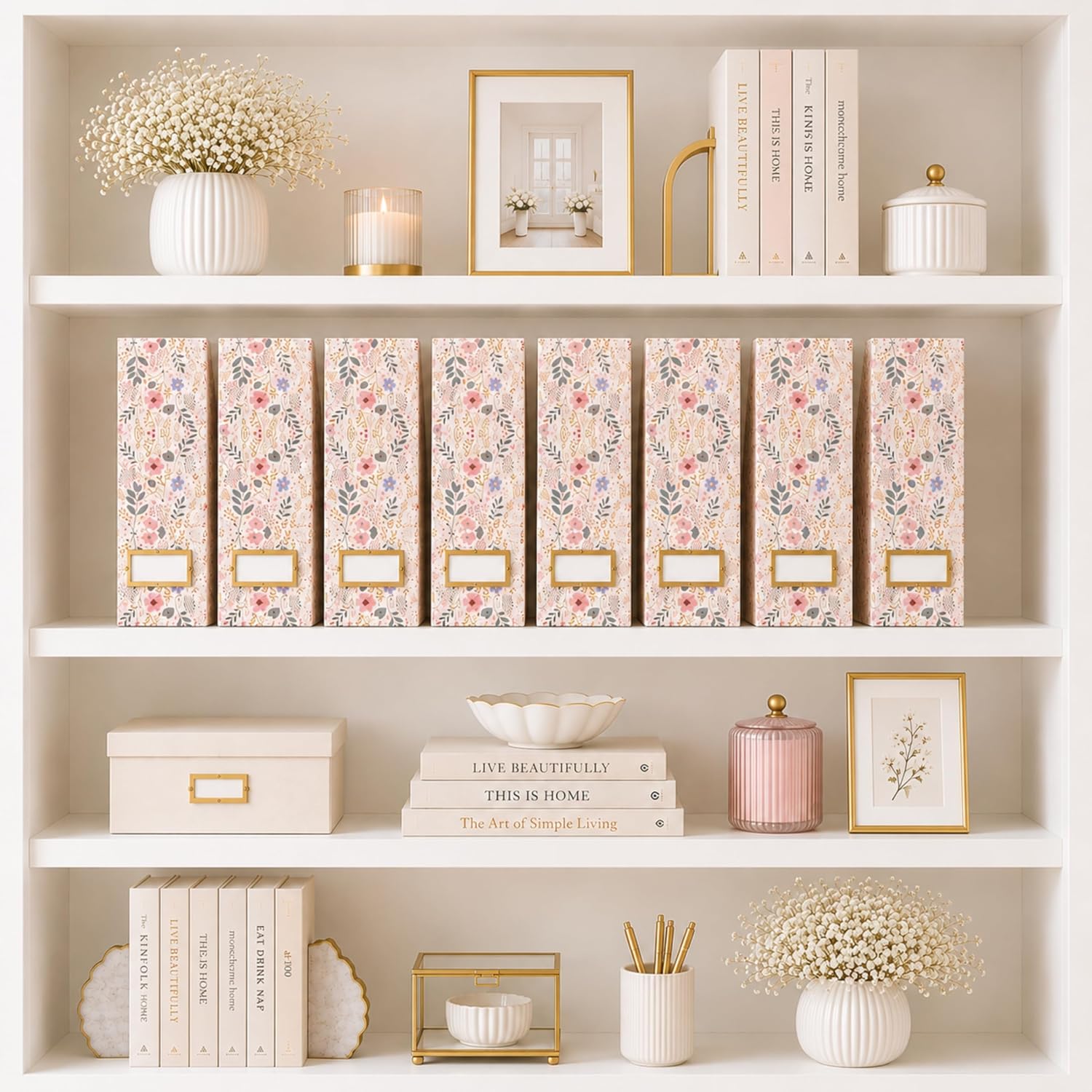 BLU MONACO | Cardboard Magazine File Holder Set of 4 | Standing File Holder with Floral Boho Design | Foldable