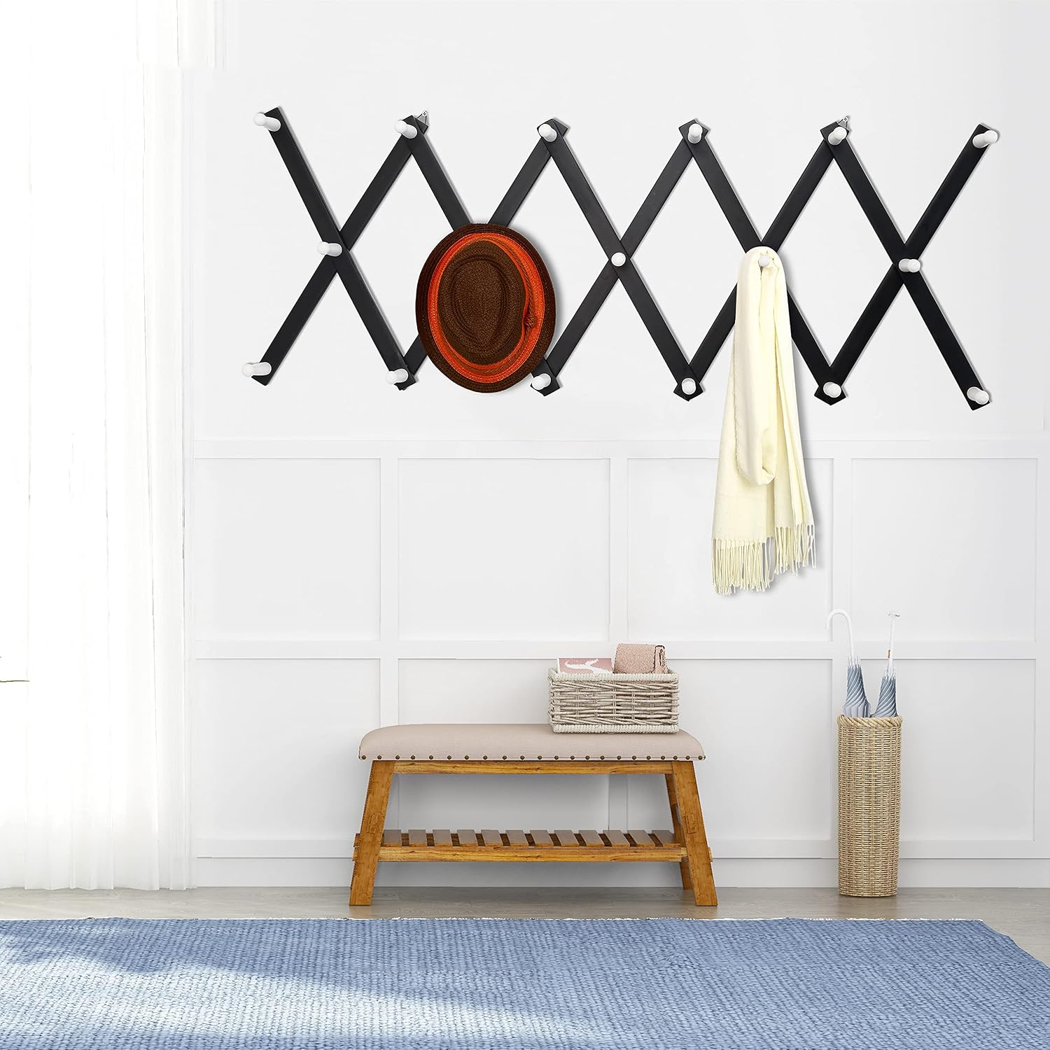 Accordian Wall Hanger: 16” High Wooden Wall Expandable Coat Rack, Hat Rack Holder, Accordion Hook for Baseball Caps