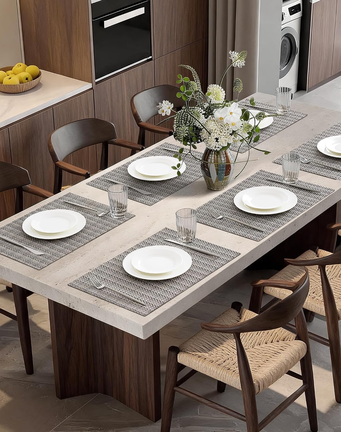 Leetaltree Woven Vinyl Placemats Set of 12, Beige Gray | High Density, Basketweave Woven, Stain Resistant, Easy to