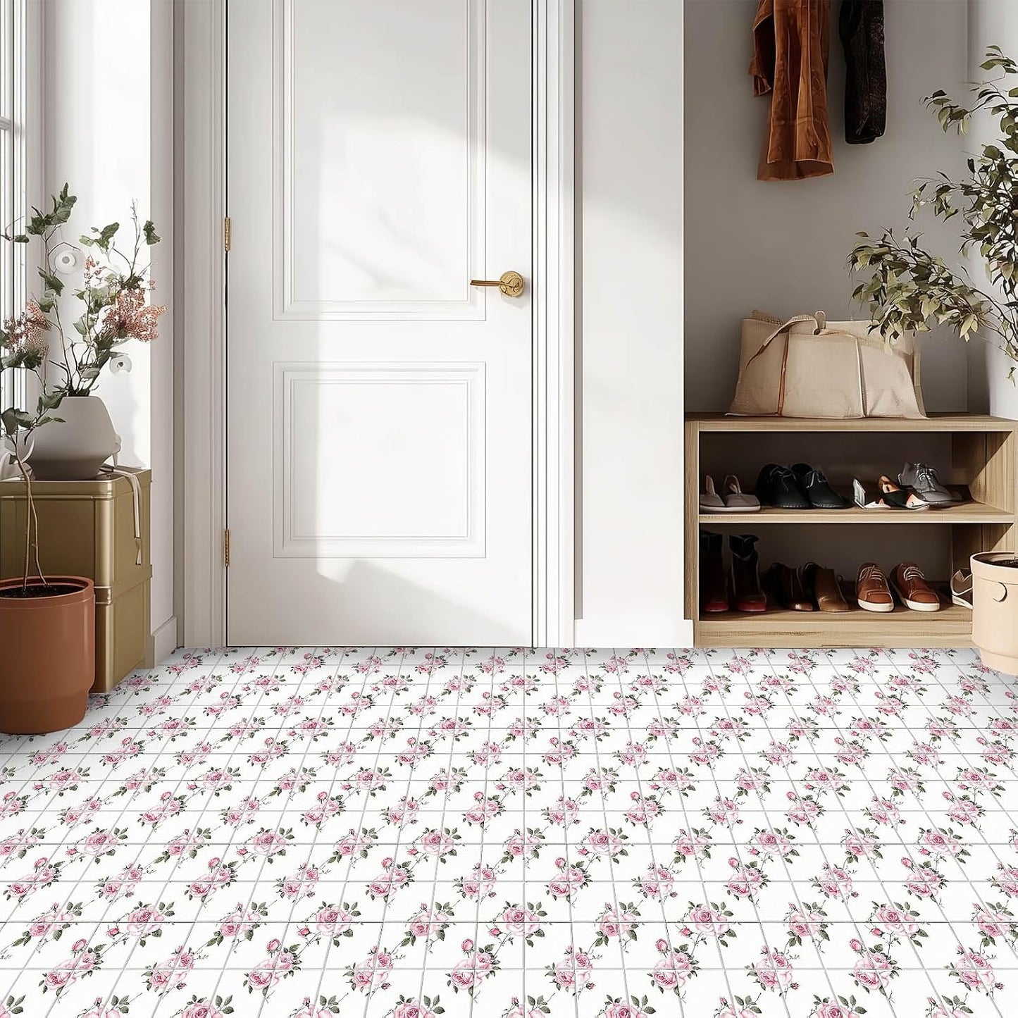 Peel and Stick Floor Tiles Vintage Rose / 12 x 12 / Delicate Rose Tile Pattern / Pink / Set of 10