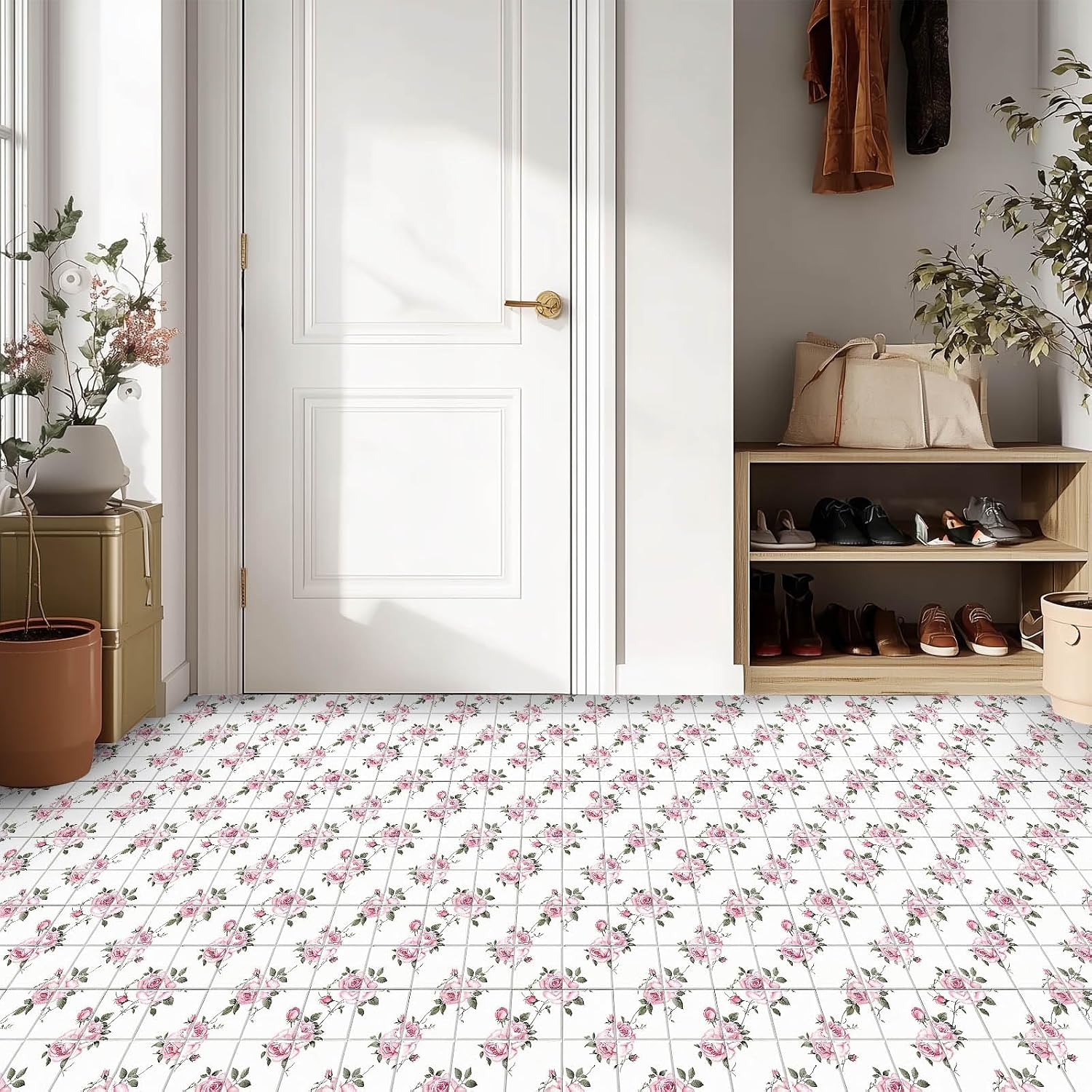 Peel and Stick Floor Tiles Vintage Rose / 12 x 12 / Delicate Rose Tile Pattern / Pink / Set of 10