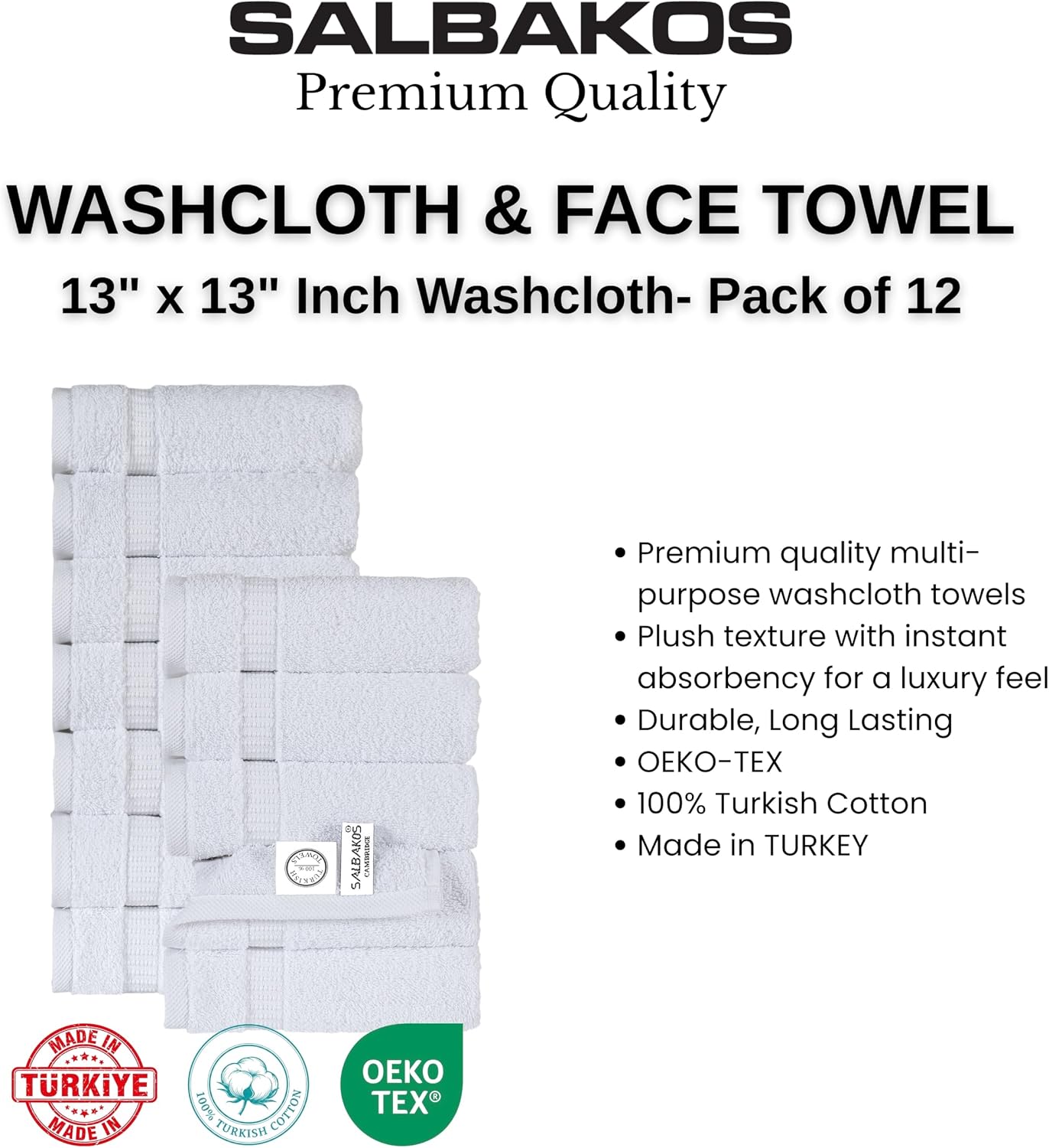 SALBAKOS 12-Piece 100% Turkish Cotton Washcloths and Face Towels, White | 13x13 in Standard Size Small Towel, Multi-use