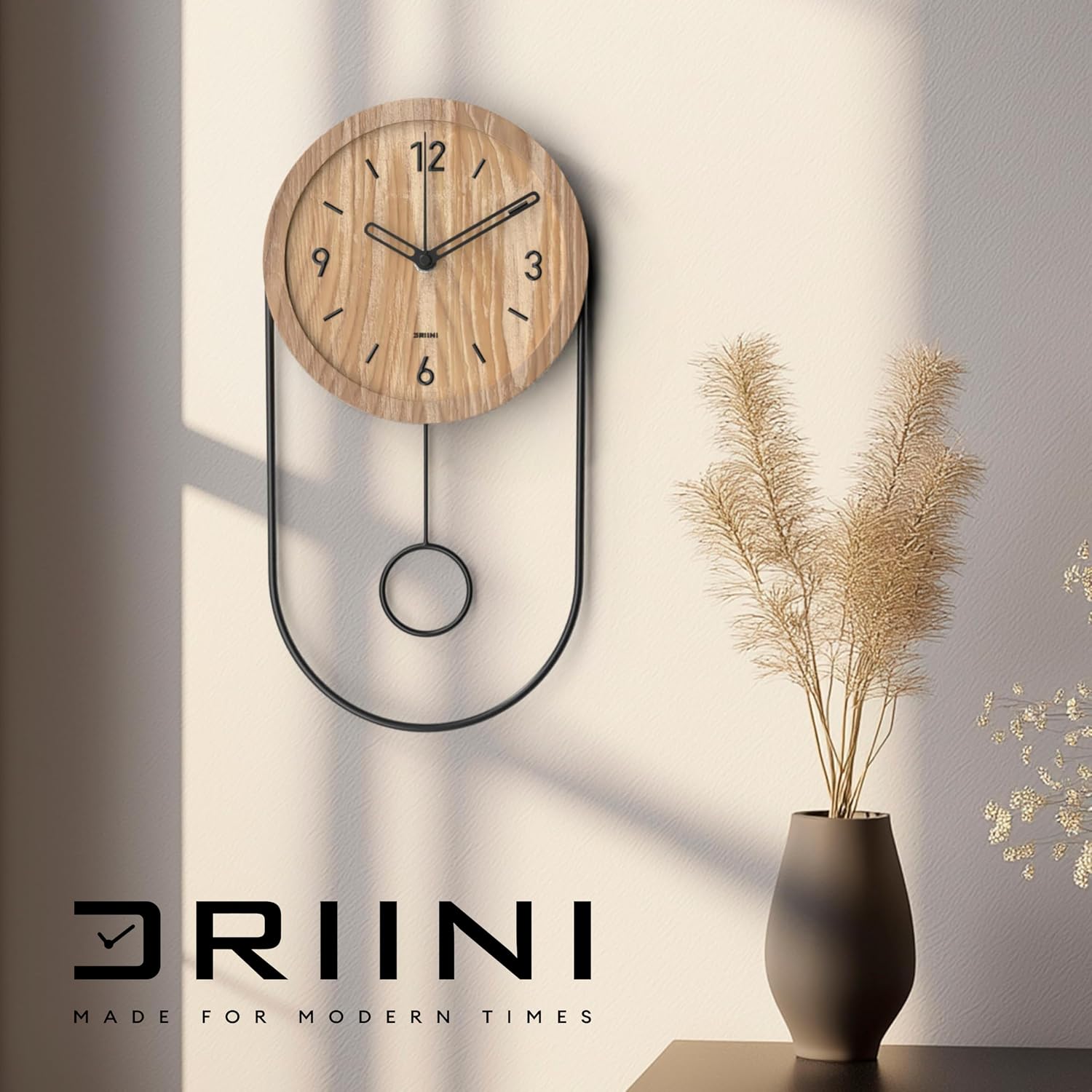 Driini Decorative Wall Clock with Pendulum (Oak) – Modern Wood, 3D Gold Numbers, Metal Frame – Small, Unique Wall