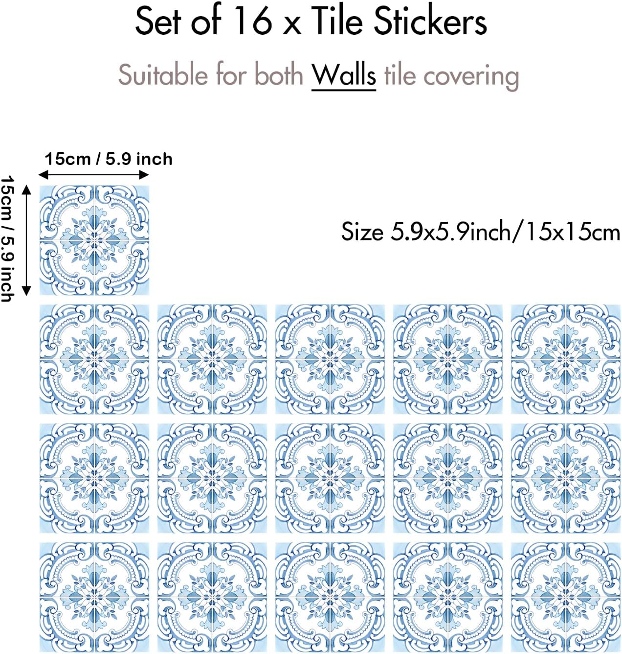 Vintage Tile Stickers / Light Blue / 5.9 Inch / Set of 16