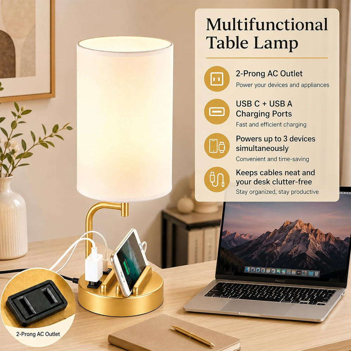 Dreamholder Touch Control USB Table Lamp with USB C/A & AC Outlet, 3-Way Dimmable Bedside Lamp, Modern Nightstand Lamps