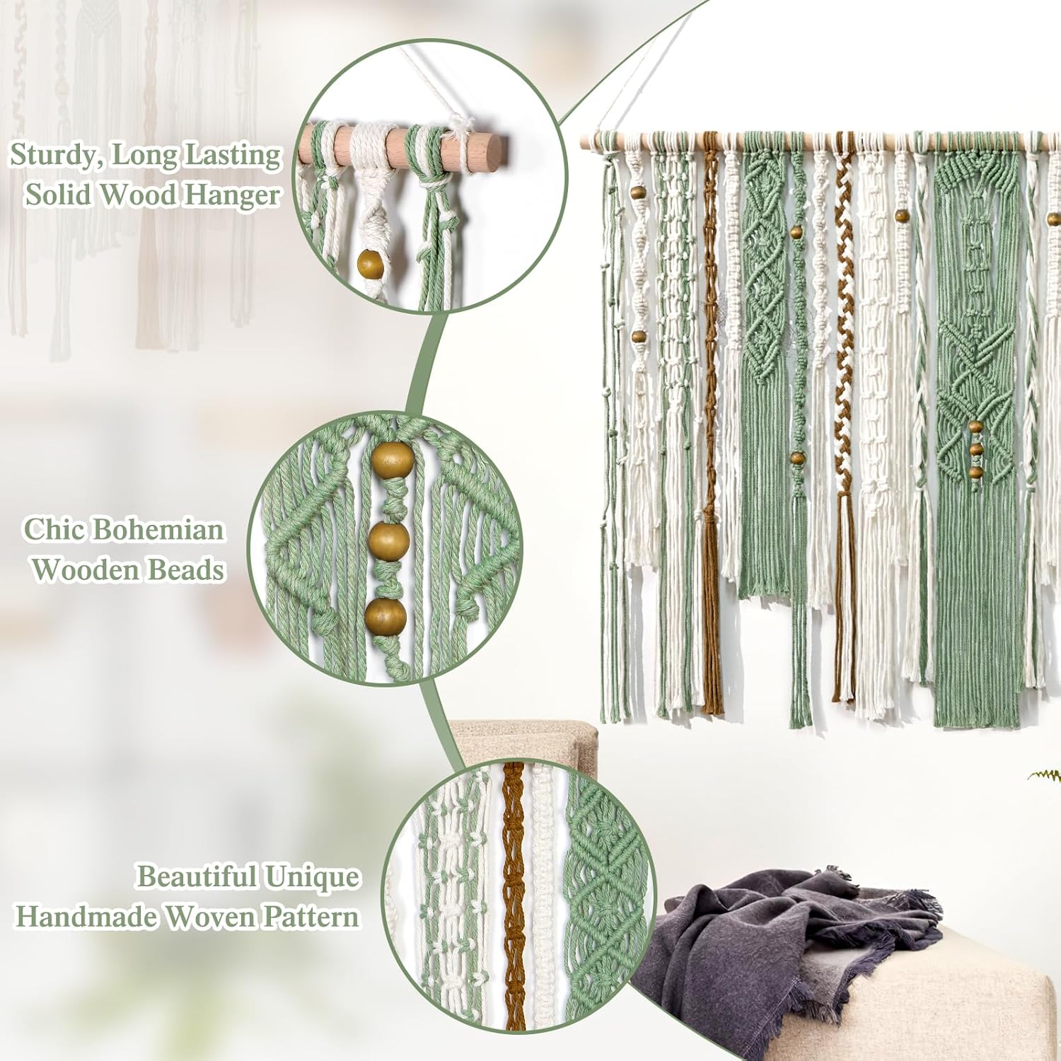 Macrame Wall Hanging Large Wall Art Handmade Woven Tapestry Boho Tapestry Macrame Wall / Light Green