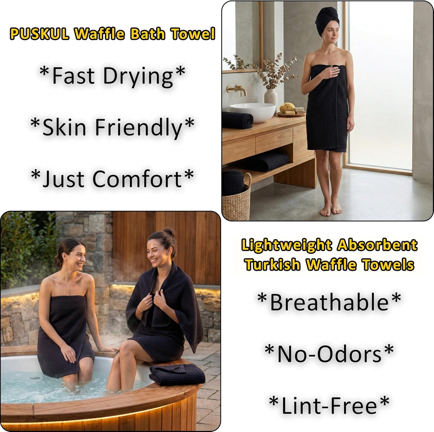 PÜSKÜL Natural 100% Turkish Cotton Waffle Bath Towels Set of 2, Extra-Large | Black, Oversize 32x63" Bath sheet towel