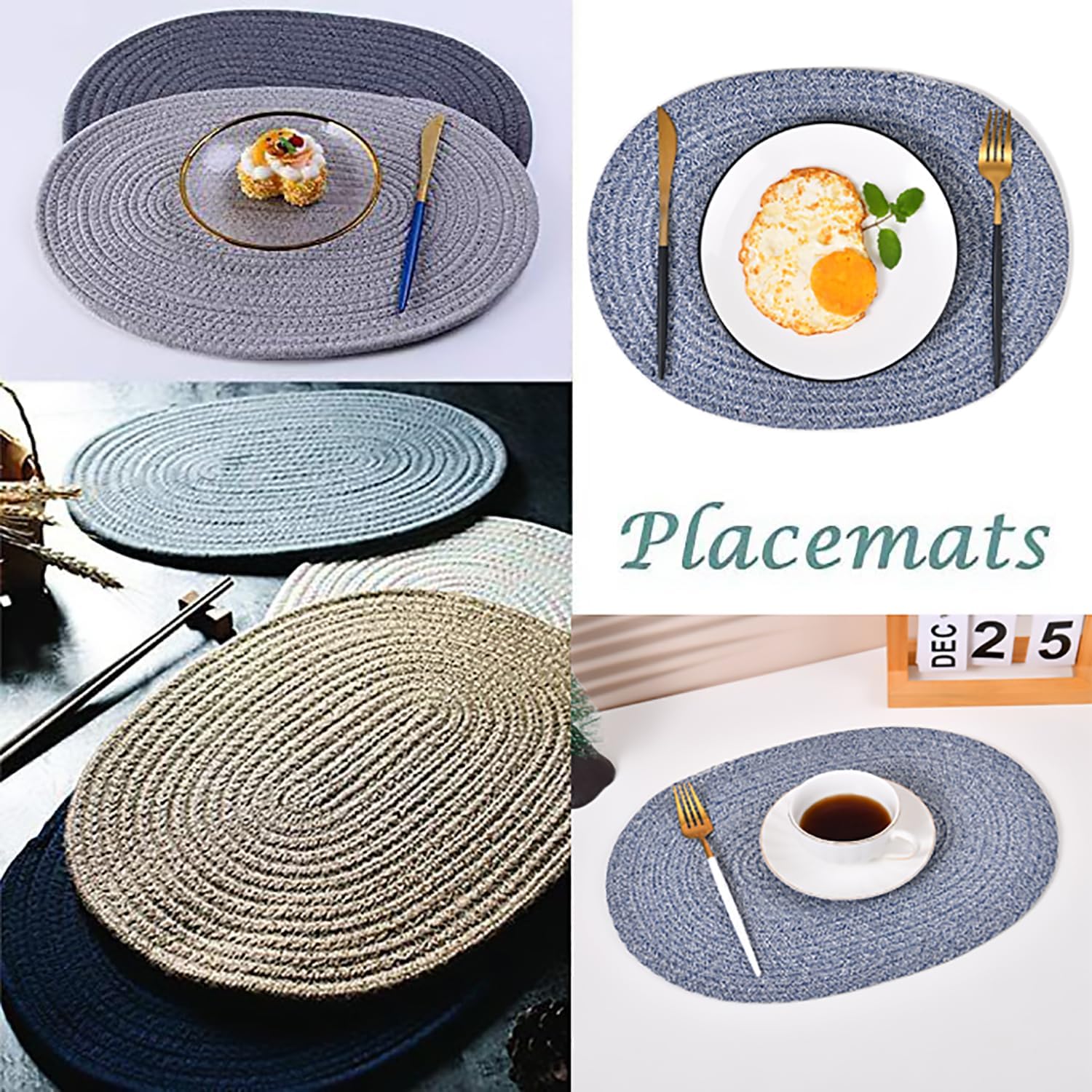 6 Pack Oval Woven Placemats, 12x16 inches Mix Rainbow Oval Plate Charger Cotton Heat Resistant Non-Slip Weave Place