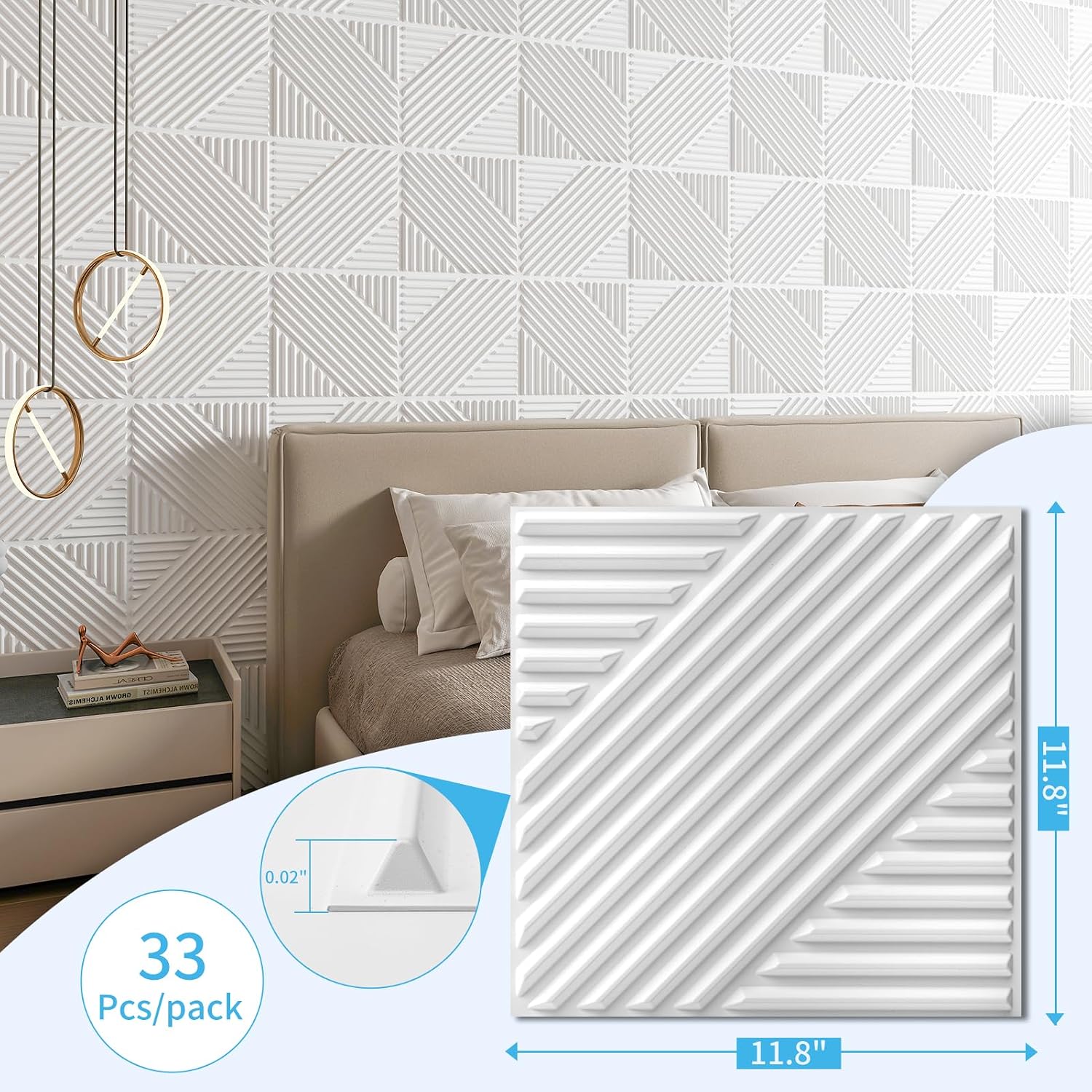 Art3d 3D Textured Accent Wall Panels, 12 x 12 Inch, 33-Pack, White | Premium PVC, Waterproof, Anti-Sag, Scratch