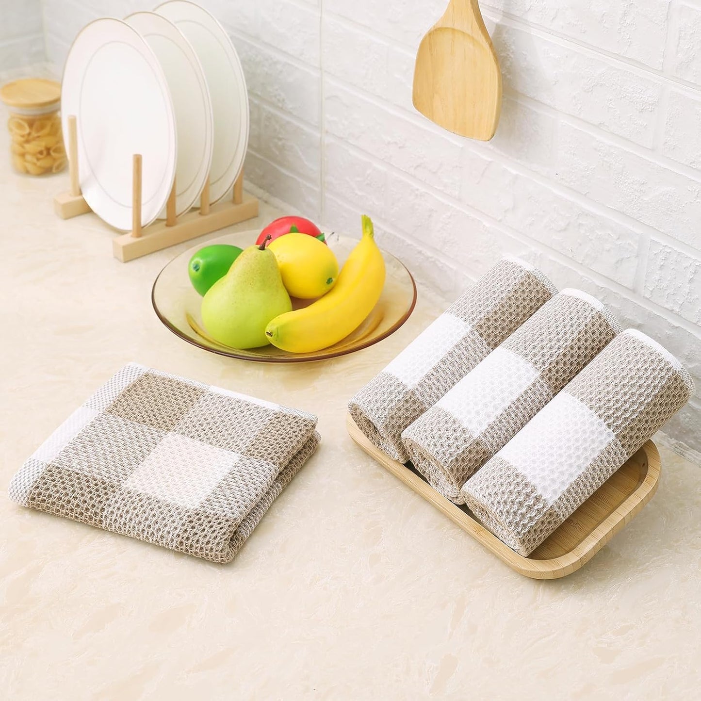 Homaxy Kitchen Towels and Dishcloths Set, Set of 12, White & Khaki | Bulk Cotton Waffle Weave Check Plaid Kitchen