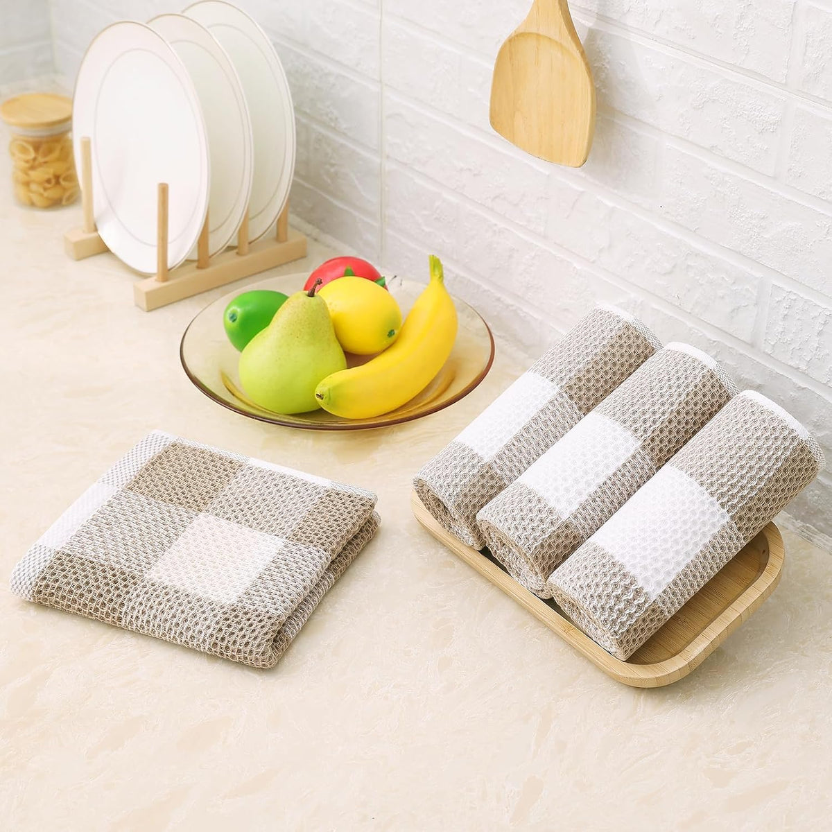 Homaxy Kitchen Towels and Dishcloths Set, Set of 16, White & Khaki | Bulk Cotton Waffle Weave Check Plaid Kitchen