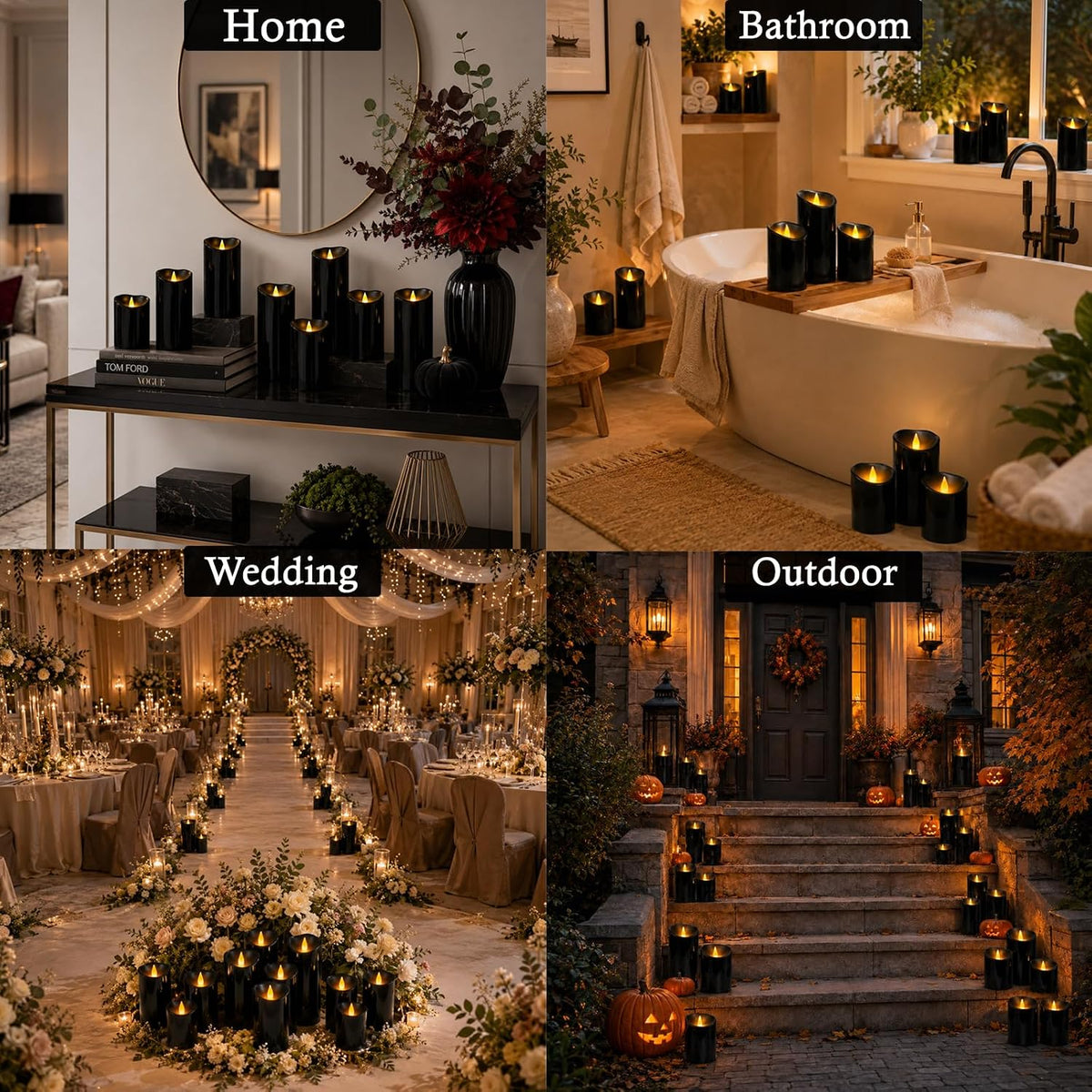 Outdoor Flameless Candles, Patented 3D Dual-LED, Set of 9 Slanted Resin Pillars with 2 Remotes, Bulk Party Decor for