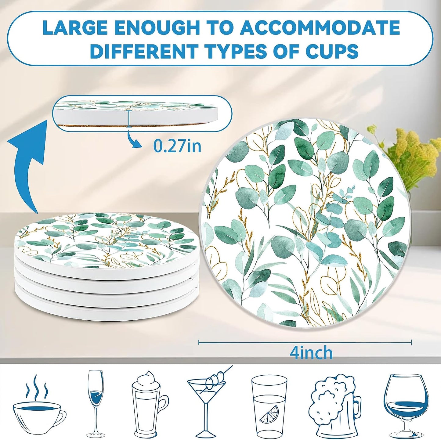 Absorbent Ceramic Stone Coasters / Sage Green Plants / Set of 4